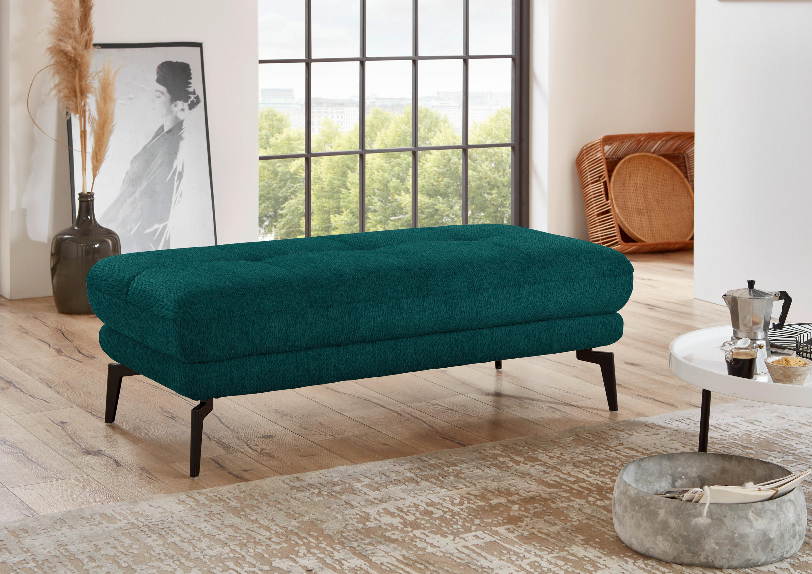 HOCKER in Textil Petrol  - Petrol/Schwarz, Design, Textil/Metall (132/45/68cm) - Beldomo Style