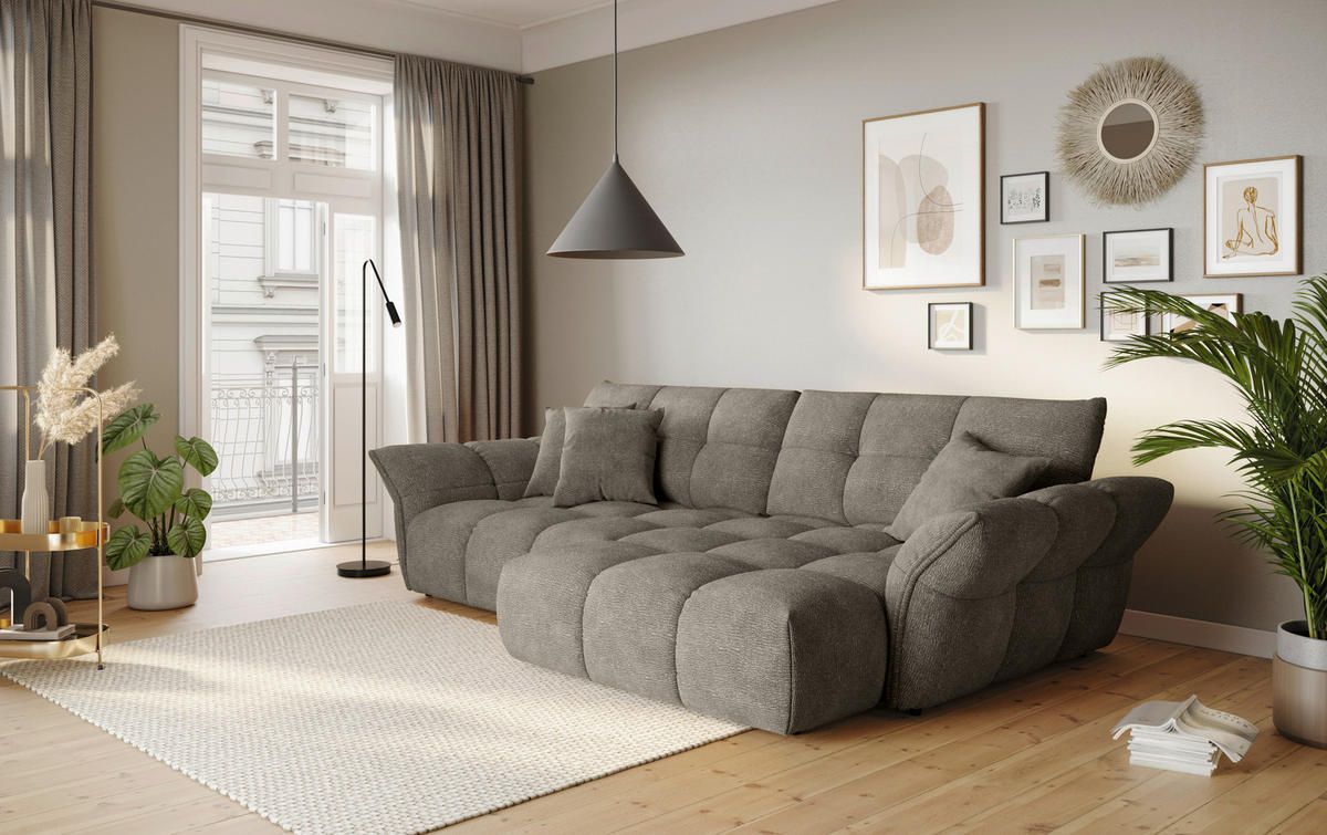 ECKSOFA Graubraun Chenille Rücken echt  - Graubraun/Schwarz, Design, Kunststoff/Textil (312/177cm) - Welnova