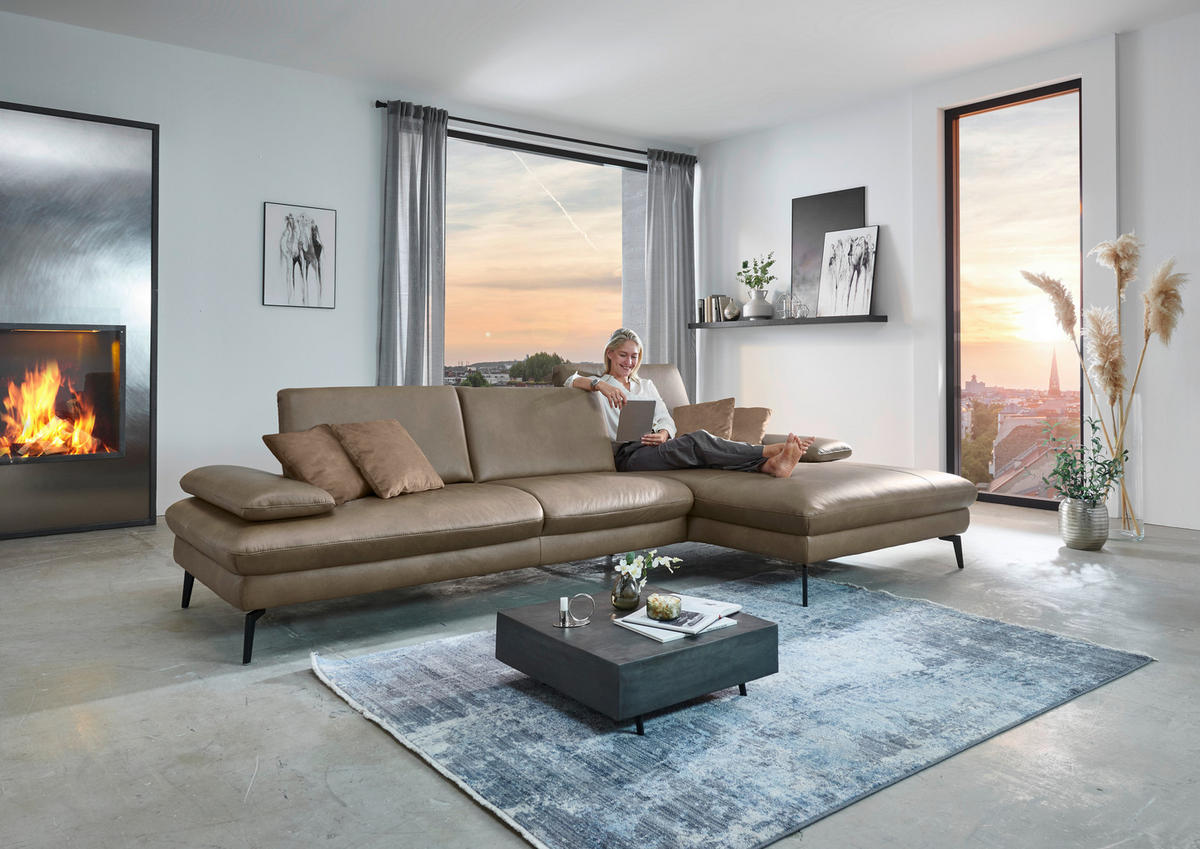 ECKSOFA in Echtleder Graubraun  - Graubraun/Schwarz, Design, Leder/Metall (325/157cm) - Dieter Knoll
