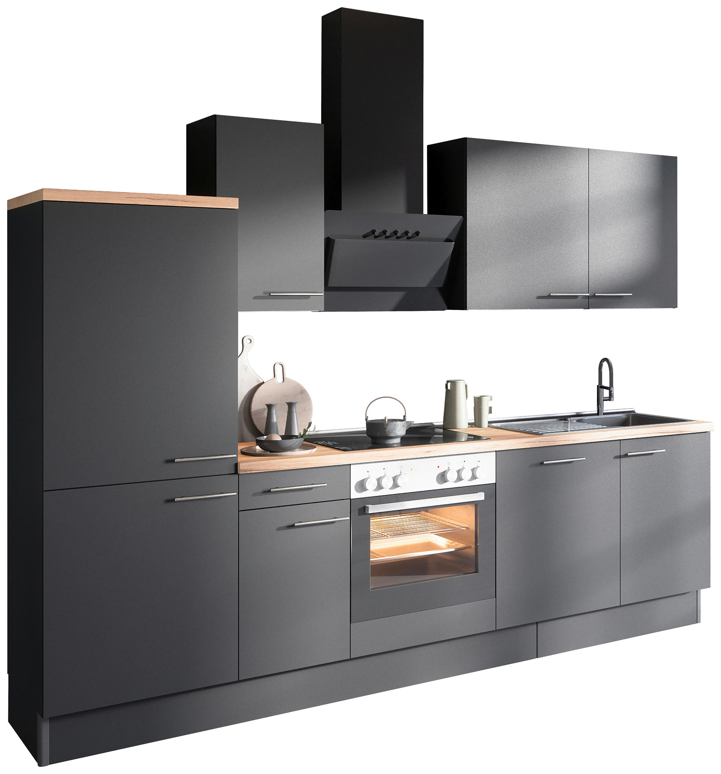 KÜCHENBLOCK 270 cm   in Anthrazit  - Edelstahlfarben/Eichefarben, Basics, Holzwerkstoff/Metall (270cm) - Optifit