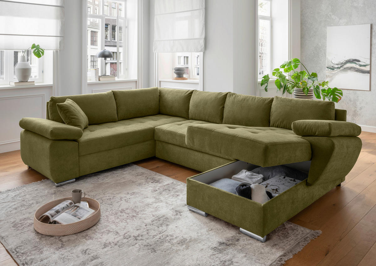 Wohnlandschaft in Mikrofaser Grün  - Chromfarben/Grün, Konventionell, Textil/Metall (219/305/157cm) - Livetastic
