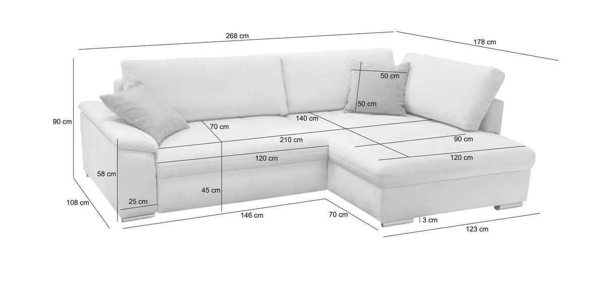 ECKSOFA Chenille, Struktur Hellbraun  - Hellbraun/Beige, Design, Textil/Metall (178/268cm) - Livetastic