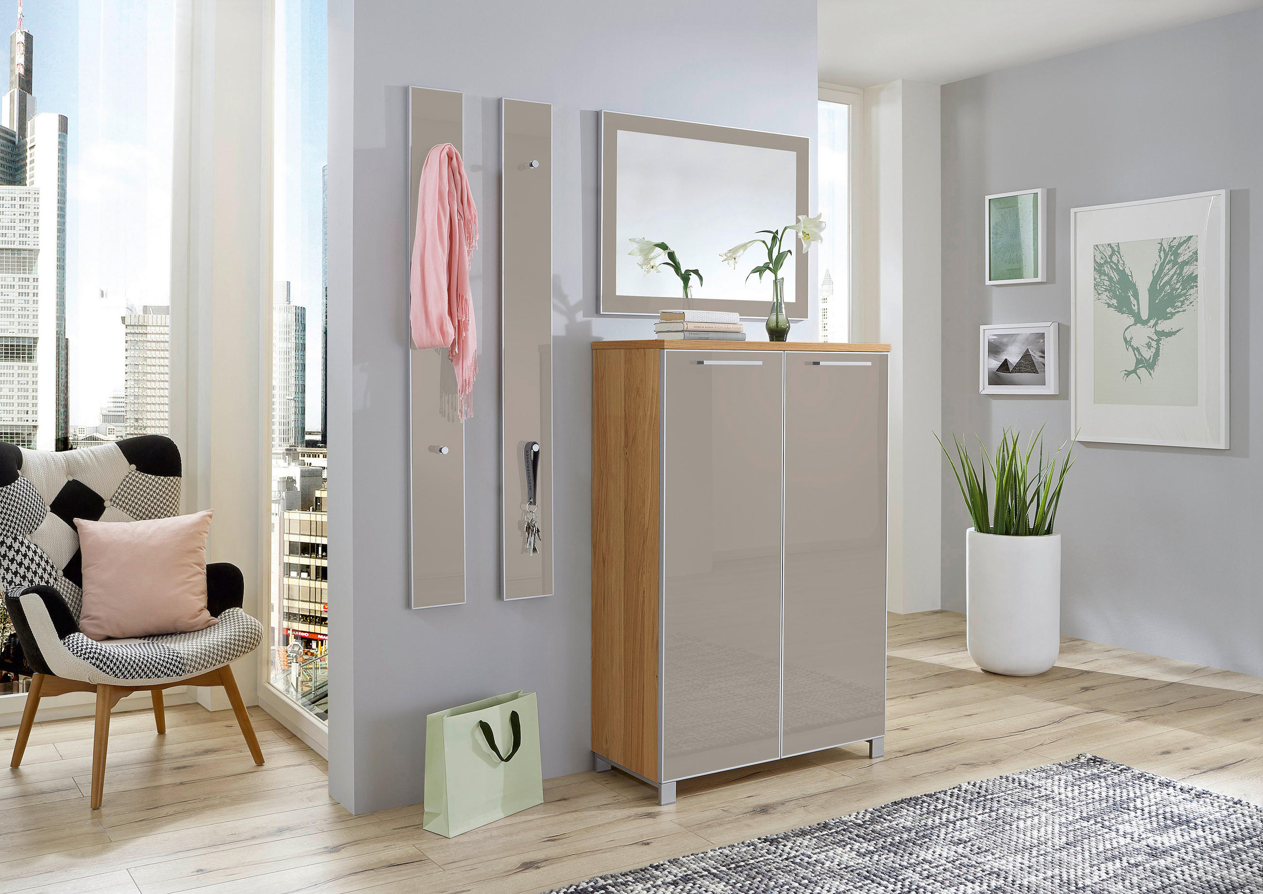 GARDEROBE Taupe, Eichefarben - Taupe/Eichefarben, Design, Glas/Holz (135/195/37cm)