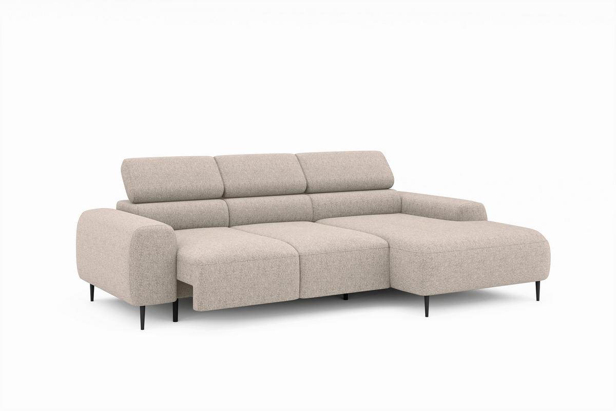 ECKSOFA Beige Struktur Rücken echt, Kopfteilverstellung, Sitztiefenverstellung  - Beige/Schwarz, MODERN, Textil/Metall (274/179cm) - Welnova