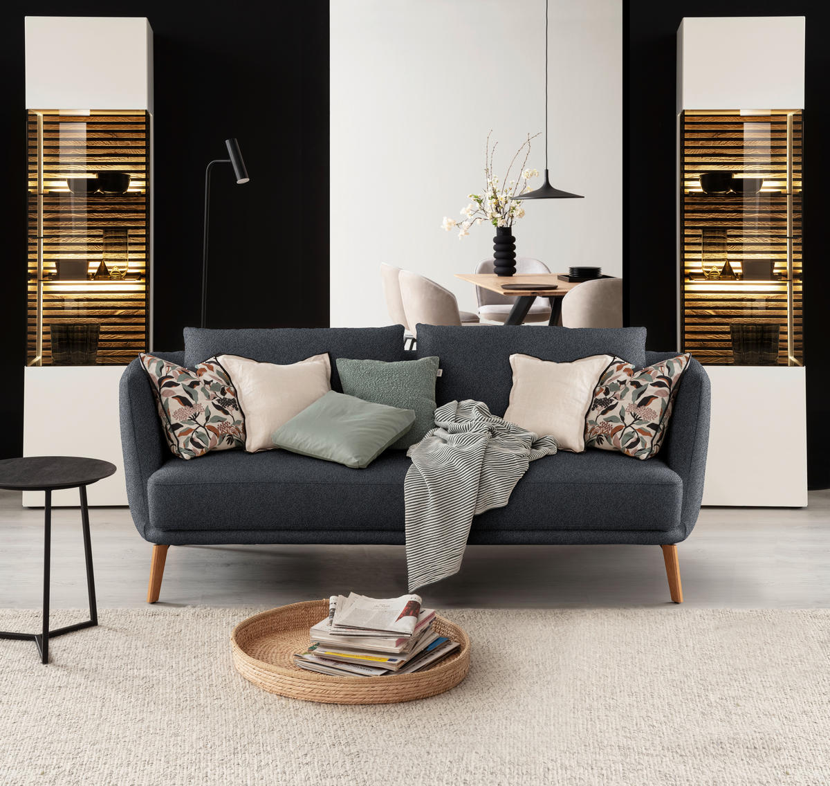 2,5-SITZER  in Flachgewebe Dunkelblau  - Eichefarben/Dunkelblau, Design, Holz/Textil (190/71/91cm) - Schöner Wohnen