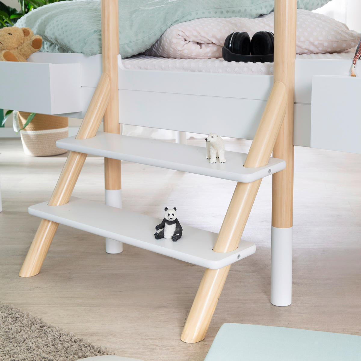 HAUSBETT 90/200 cm,  in Weiß, Kieferfarben, Leiter, Lattenrost  - Weiß/Kieferfarben, Basics, Holz (90/200cm) - Xora