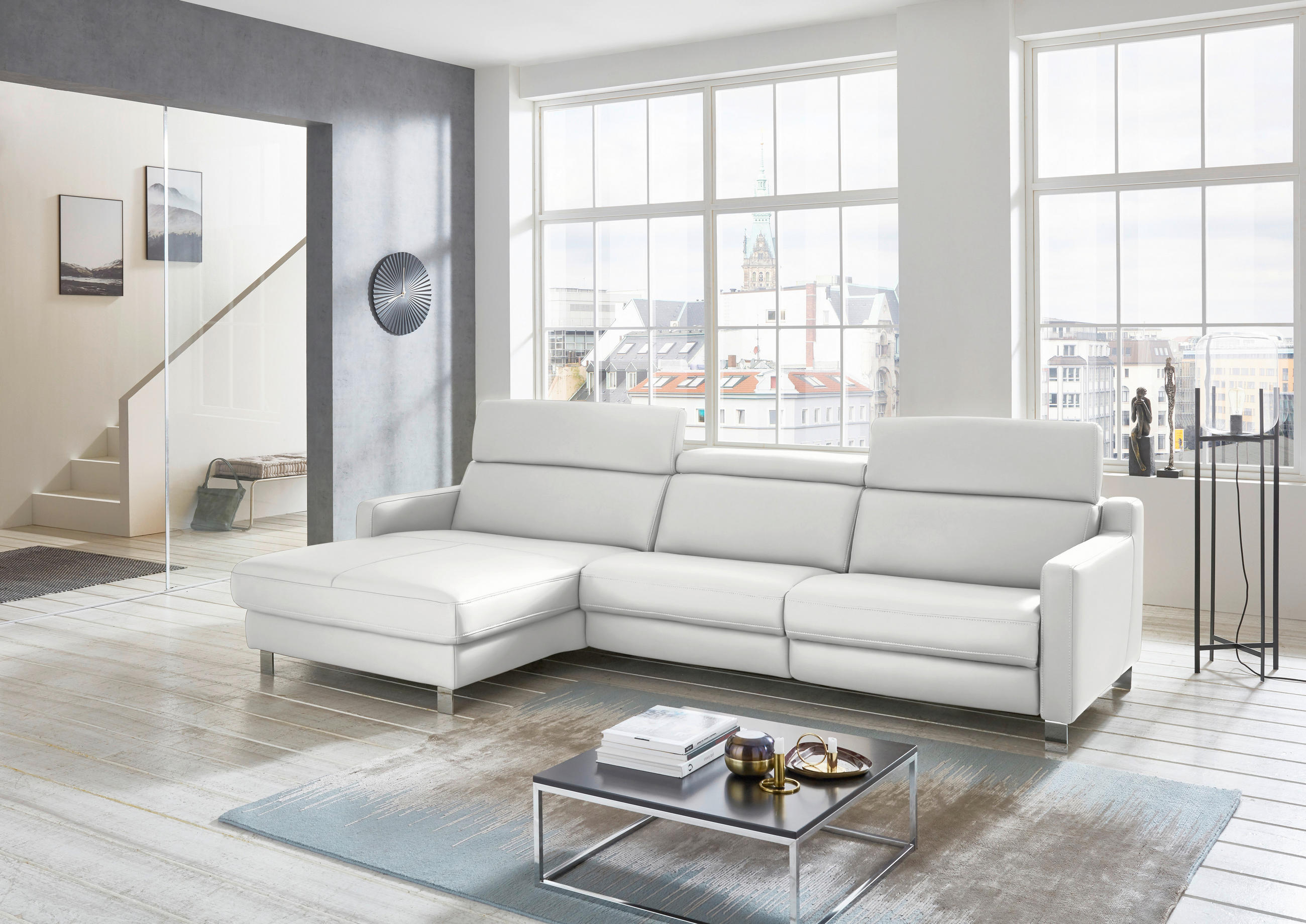 ECKSOFA in Echtleder Hellgrau  - Chromfarben/Hellgrau, Design, Leder/Metall (176/291cm) - Valdera