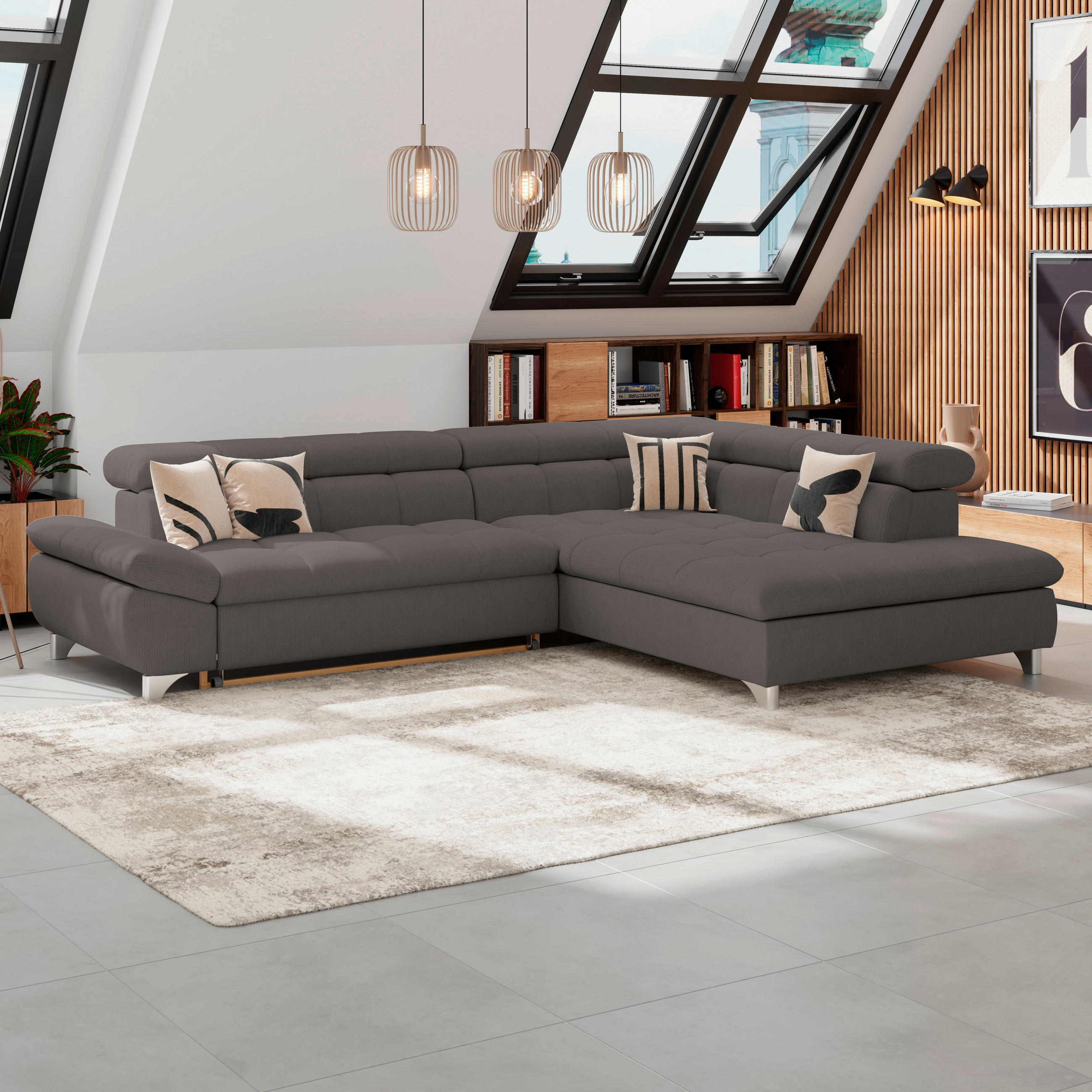 ECKSOFA Braun Chenille  - Chromfarben/Braun, KONVENTIONELL, Textil/Metall (312/234cm) - Livetastic