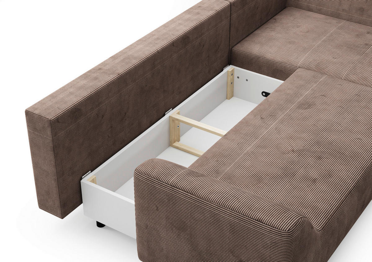 ECKSCHLAFSOFA  mit Bettkasten erhältlich, seitenverkehrt erhältlich, Schlafen auf Sitzhöhe, Bettfunktion erhältlich, Rücken echt Cord Braun  - Schwarz/Braun, Design, Textil/Metall (273/167cm) - MID.YOU