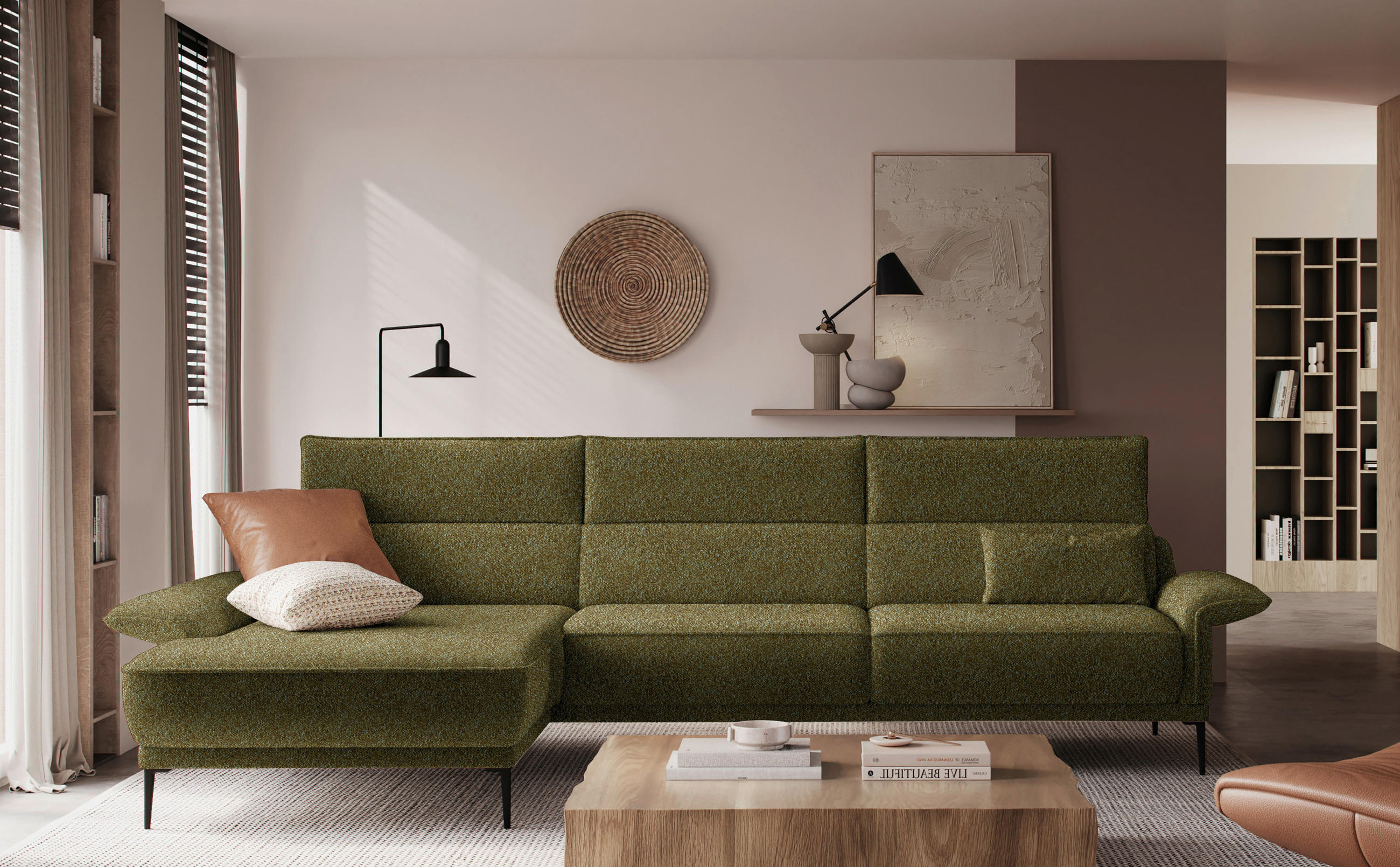 ECKSOFA in Bouclé Olivgrün  - Schwarz/Olivgrün, Modern, Textil/Metall (186/330cm) - Johann Jakob