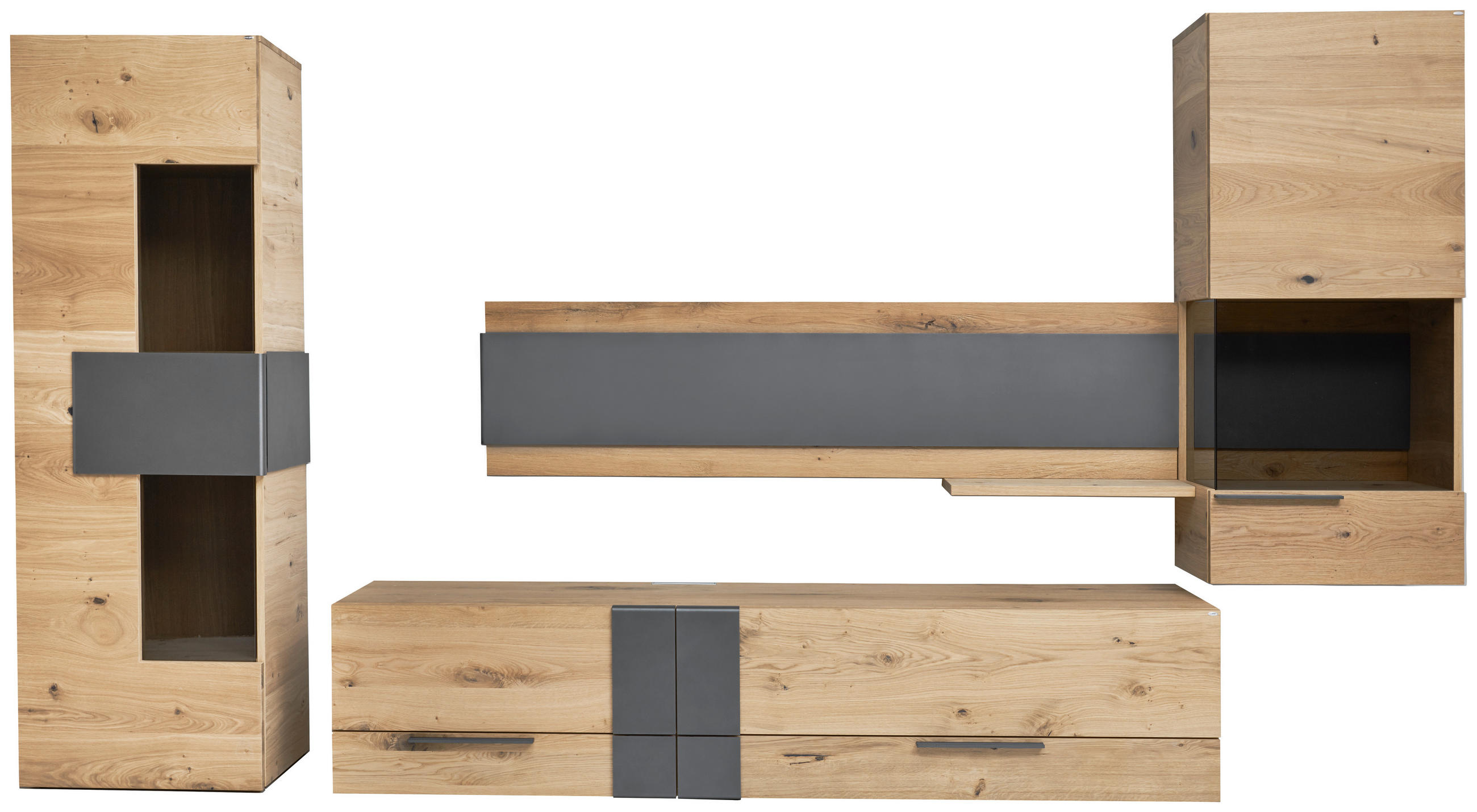 WOHNWAND V-Taurino in Anthrazit, Eichefarben 384/198/48 cm - Eichefarben/Anthrazit, Natur, Glas/Holz (384/198/48cm) - Voglauer