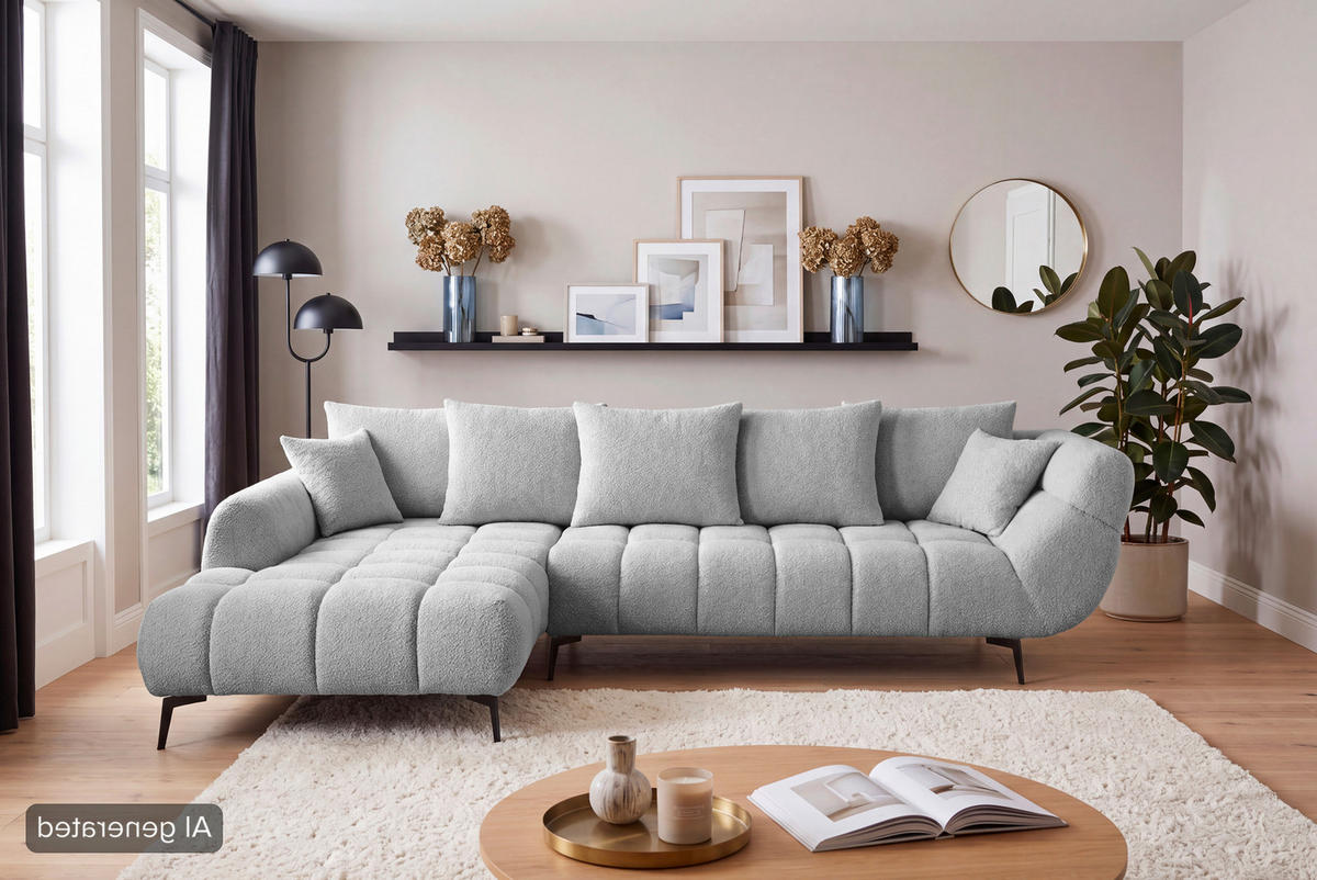 ECKSOFA Silberfarben Bouclé Zierkissen, Rückenkissen, Rücken echt  - Silberfarben/Schwarz, MODERN, Textil/Metall (217/318cm) - Carryhome