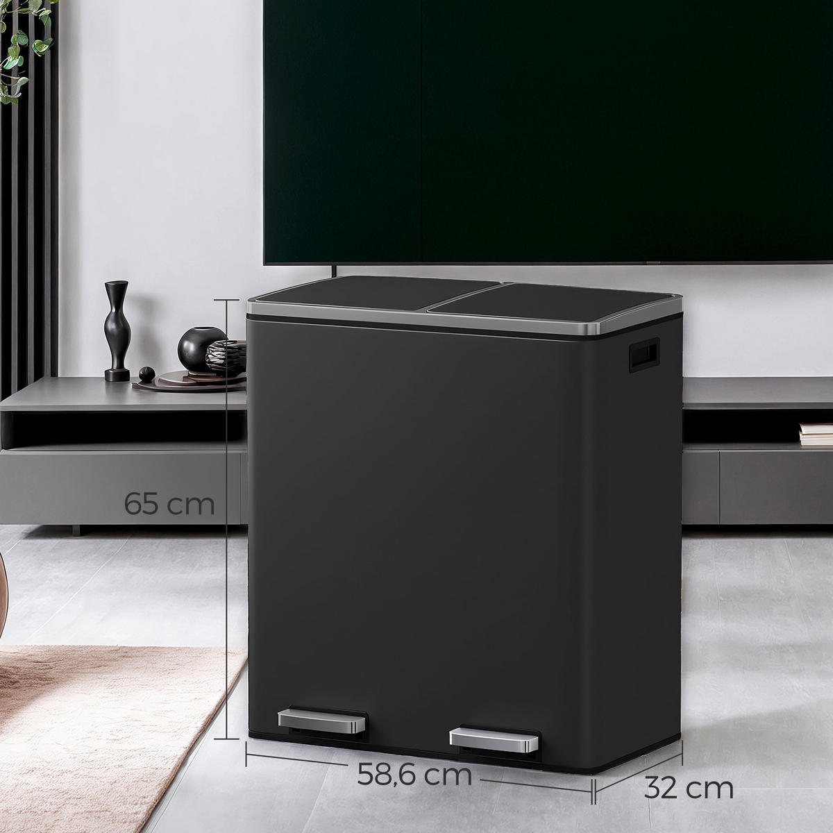 ABFALLSAMMLER 60 L  - Schwarz, Basics, Kunststoff/Metall (58,5/65/32cm)