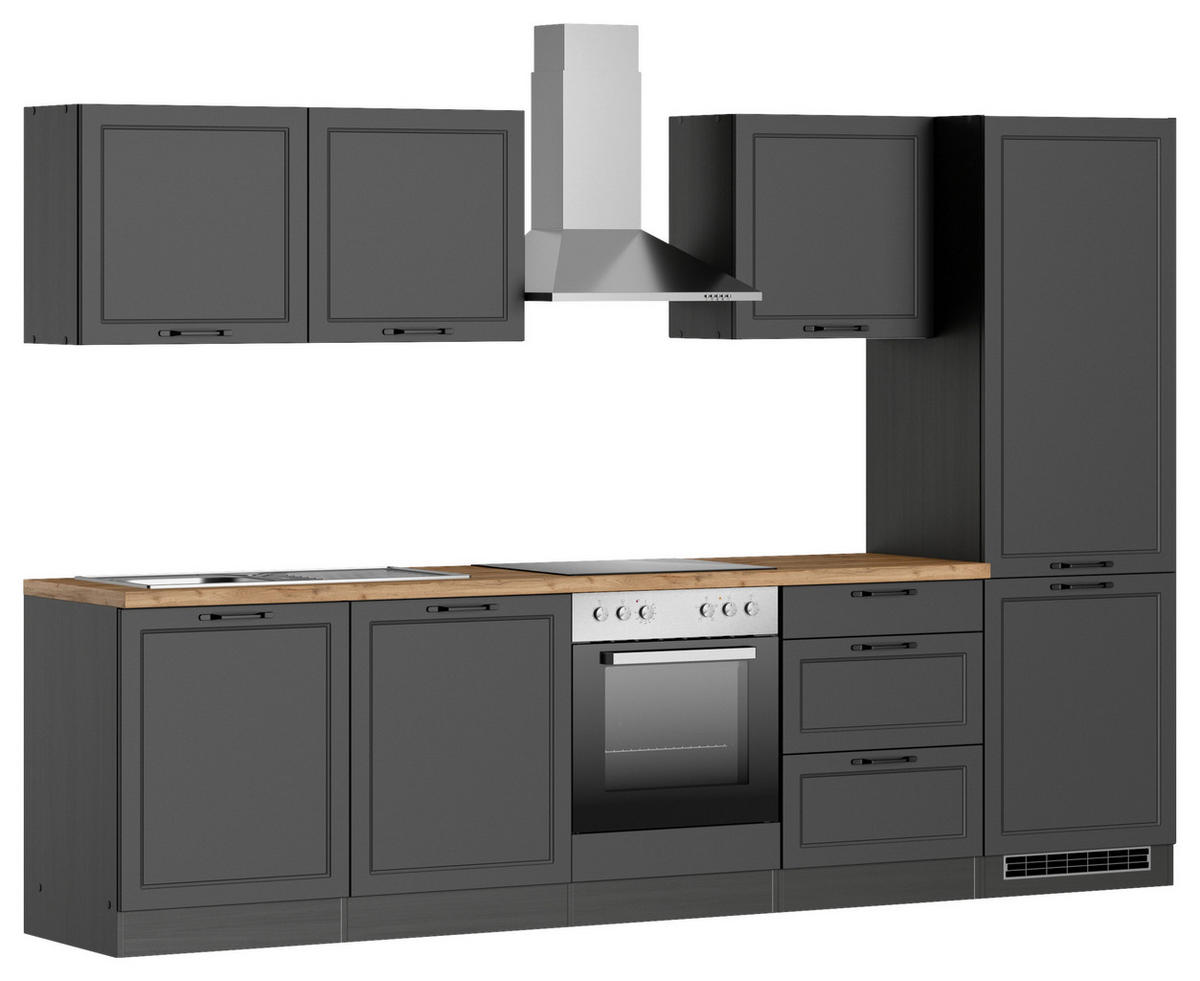 KÜCHENBLOCK 300 cm   in Grau, Eiche Wotan  - Eiche Wotan/Schwarz, Lifestyle, Holzwerkstoff/Metall (300cm) - Held