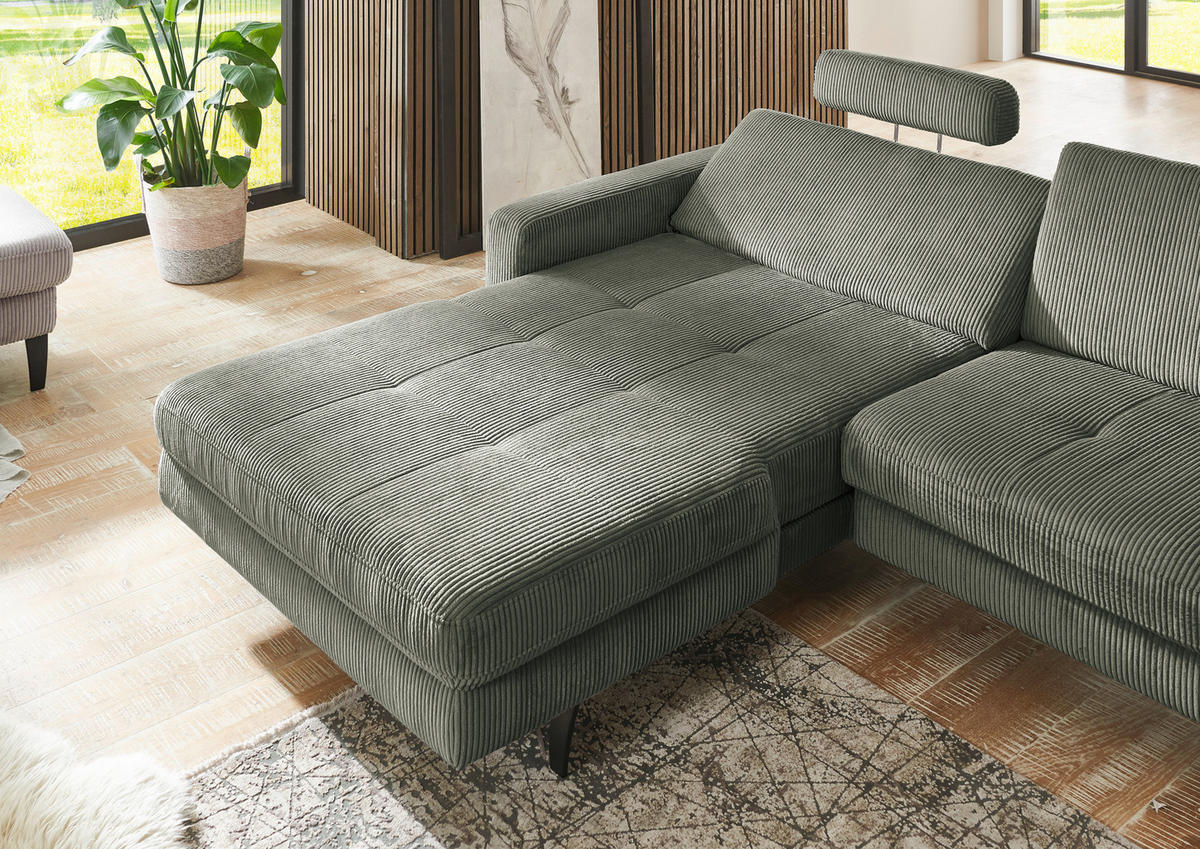 ECKSOFA in Cord Olivgrün  - Schwarz/Olivgrün, Modern, Textil/Metall (177/302cm) - Beldomo Style