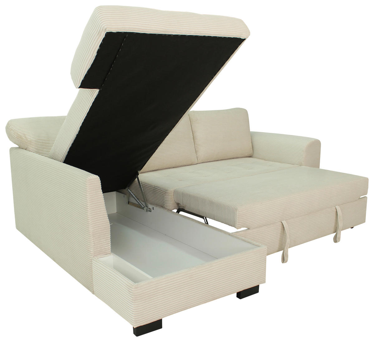 ECKSOFA JOHN Creme Cord Rückenkissen, Bettkasten, Liegefläche im Originalstoff  - Creme/Schwarz, Trend, Kunststoff/Textil (178/239cm) - P & B