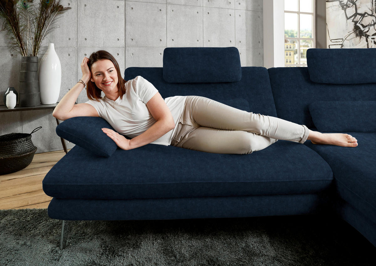ECKSOFA in Velours Dunkelblau  284/184 cm  - Schwarz/Dunkelblau, Design, Textil/Metall (284/184cm) - Dieter Knoll