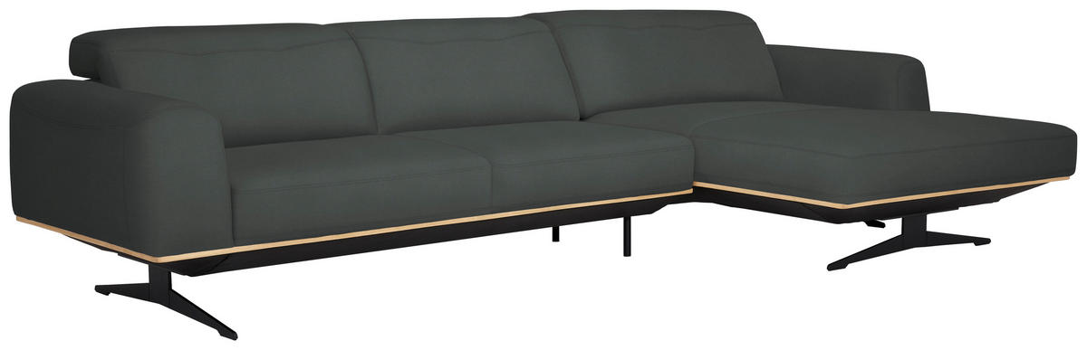 ECKSOFA in Echtleder Grau  305/163 cm  - Eichefarben/Schwarz, Design, Leder/Holz (305/163cm) - Novel