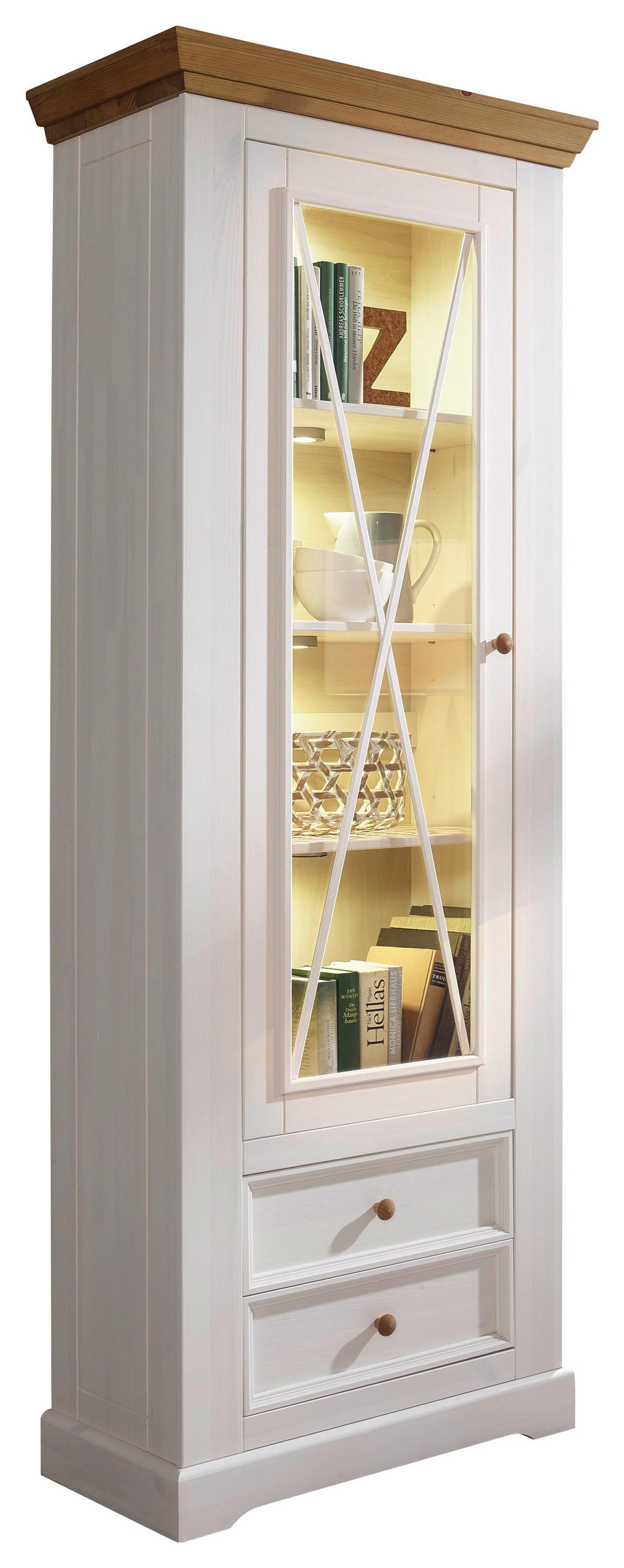 Vitrine in massiv Kiefer Weiß, Eichefarben