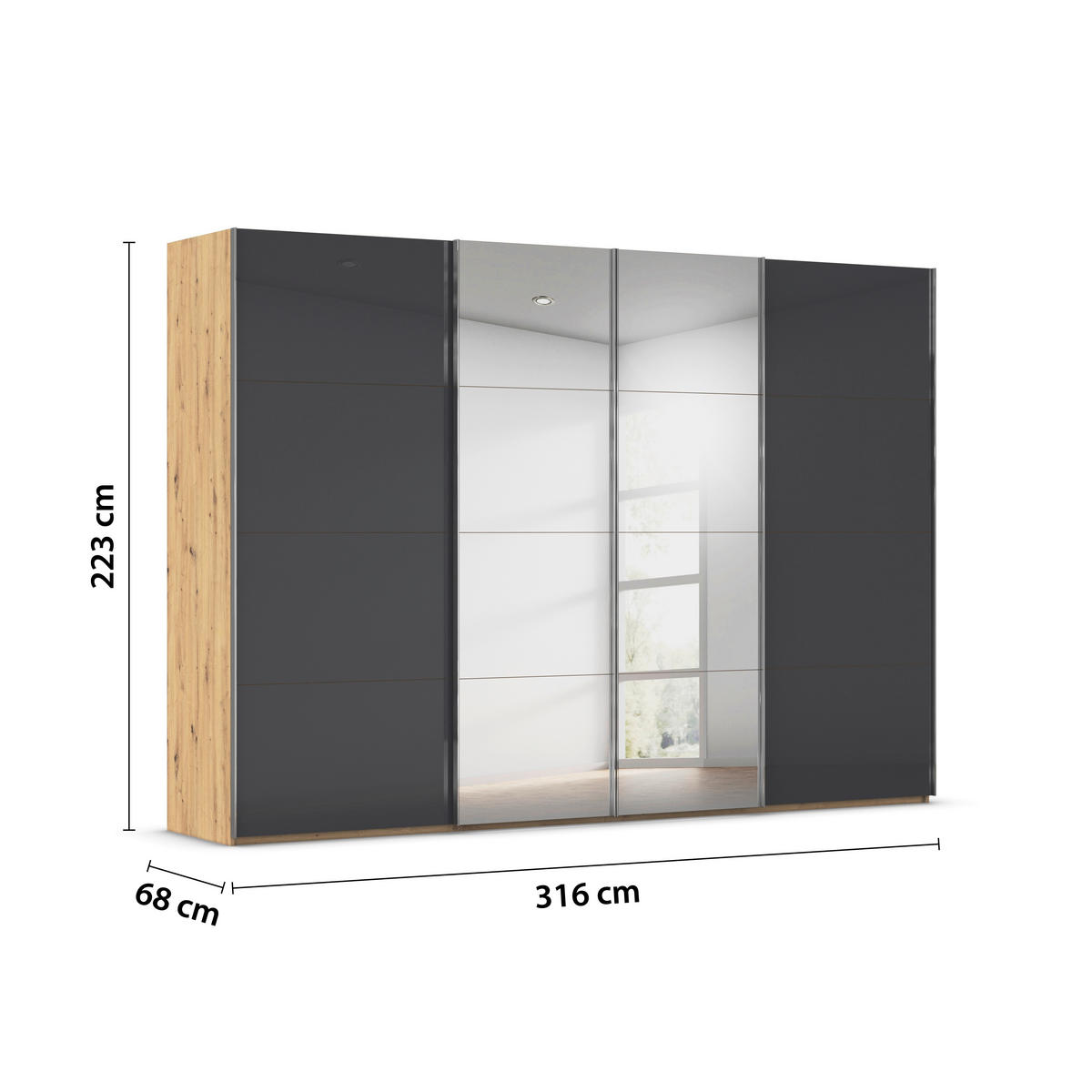 SCHWEBETÜRENSCHRANK 316/223/68 cm 4-türig Schwarz, Eiche Artisan  - Chromfarben/Schwarz, Design, Glas/Holzwerkstoff (316/223/68cm) - Novel