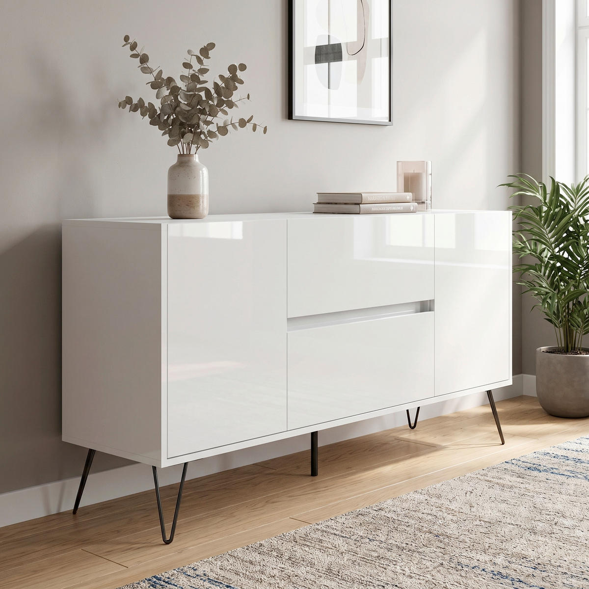 SIDEBOARD Posseik Industrial 139/75,8/42 cm 2 Schublade(n)  - Weiß Hochglanz/Schwarz, Design, Holzwerkstoff/Metall (139/75,8/42cm) - MID.YOU