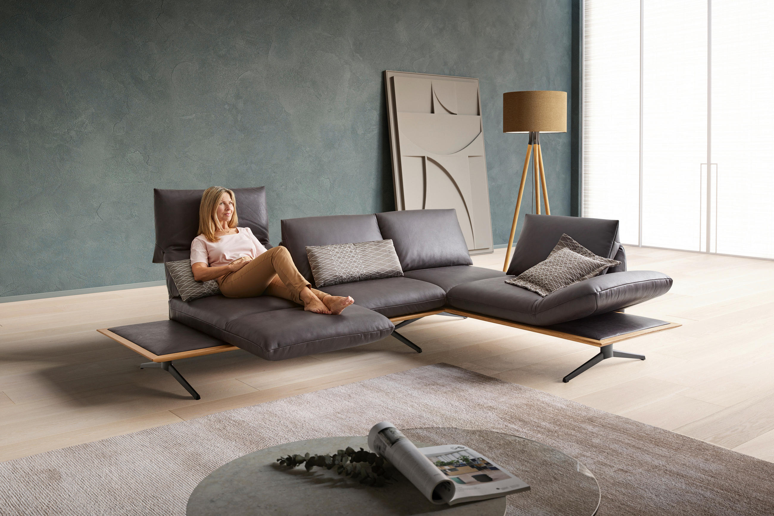 ECKSOFA in Echtleder Braun  - Beige/Schwarz, Design, Leder/Metall (282/205cm) - Dieter Knoll