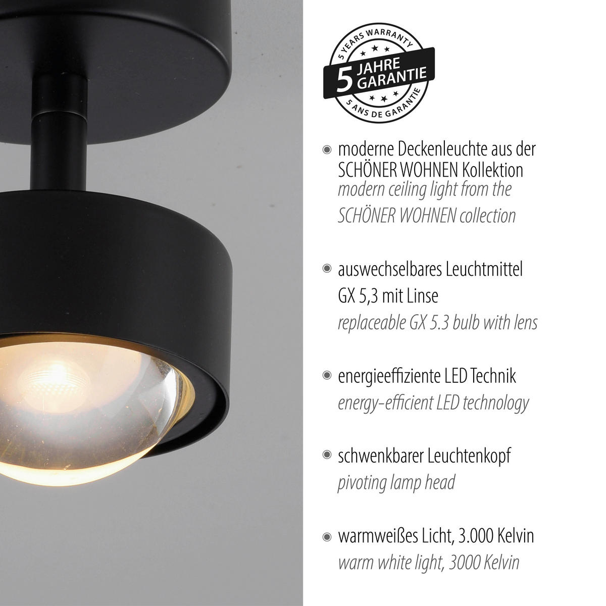 LED-DECKENLEUCHTE 10,5/8/12,5 cm   - Schwarz, Design, Kunststoff/Metall (10,5/8/12,5cm) - Schöner Wohnen