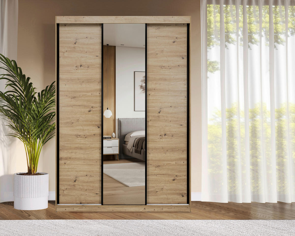 SCHIEBETÜRENSCHRANK 150/215/59,5 cm 3-türig  - Schwarz/Eiche Artisan, MODERN, Holzwerkstoff/Metall (150/215/59,5cm) - MID.YOU