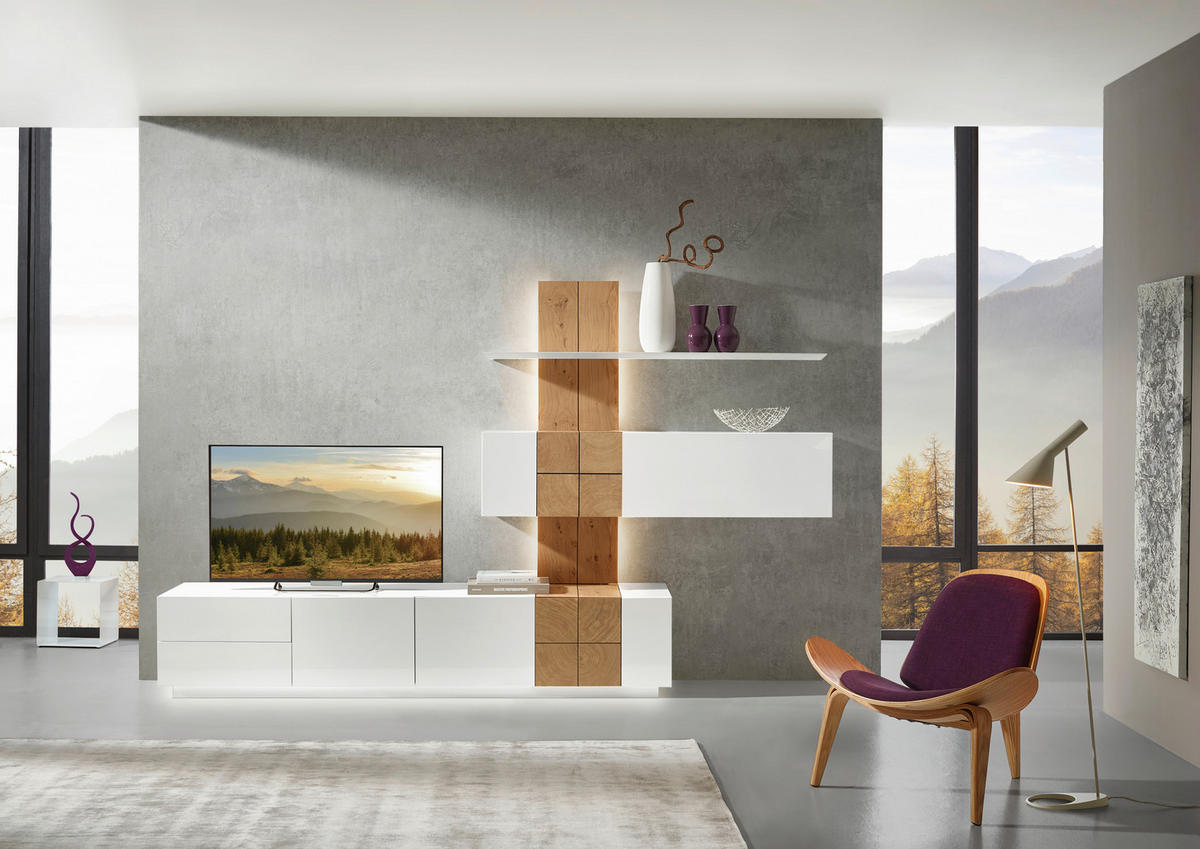 WOHNWAND  in Weiss, Eichefarben 305/190/52 cm  - Weiss/Eichefarben, Design, Holz/Holzwerkstoff (305/190/52cm) - Ambiente