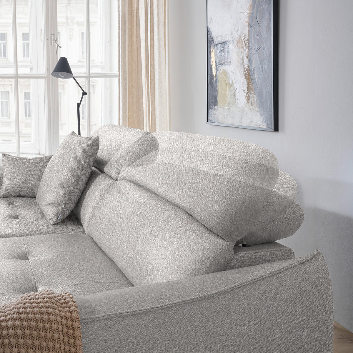 ECKSOFA MANTA in Flachgewebe Grauweiß  246/175 cm  - Grauweiß/Schwarz, Design, Textil/Metall (246/175cm) - Celina