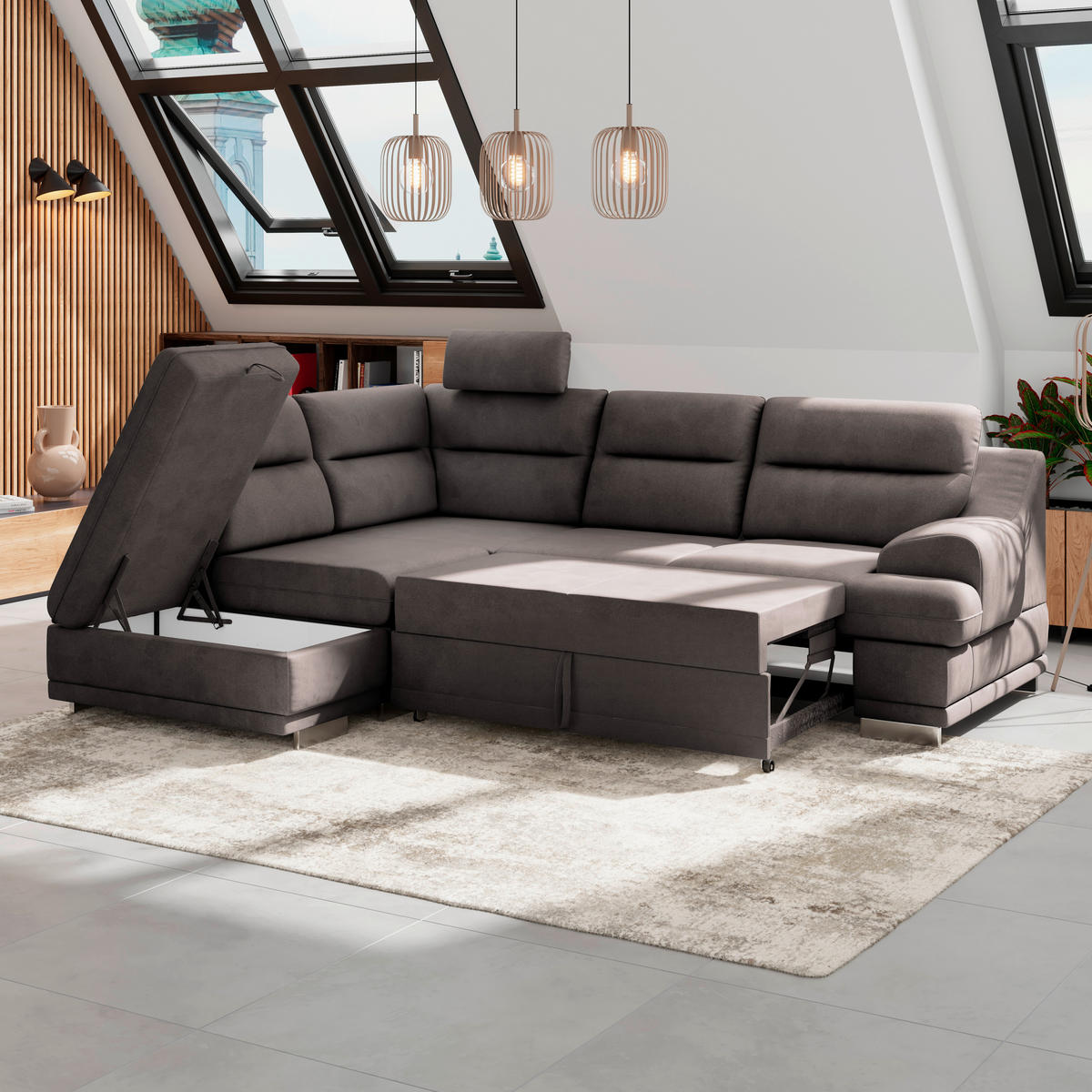 WOHNLANDSCHAFT Braun Velours  - Chromfarben/Braun, KONVENTIONELL, Textil/Metall (217/264cm) - MID.YOU