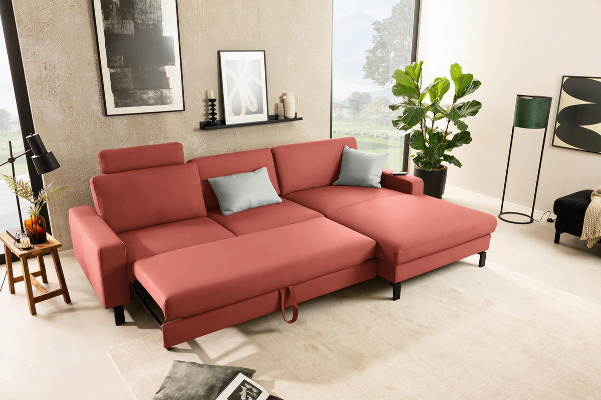 ECKSOFA Cord Koralle  - Koralle/Schwarz, Design, Textil/Metall (298/185cm) - Pure Home Lifestyle