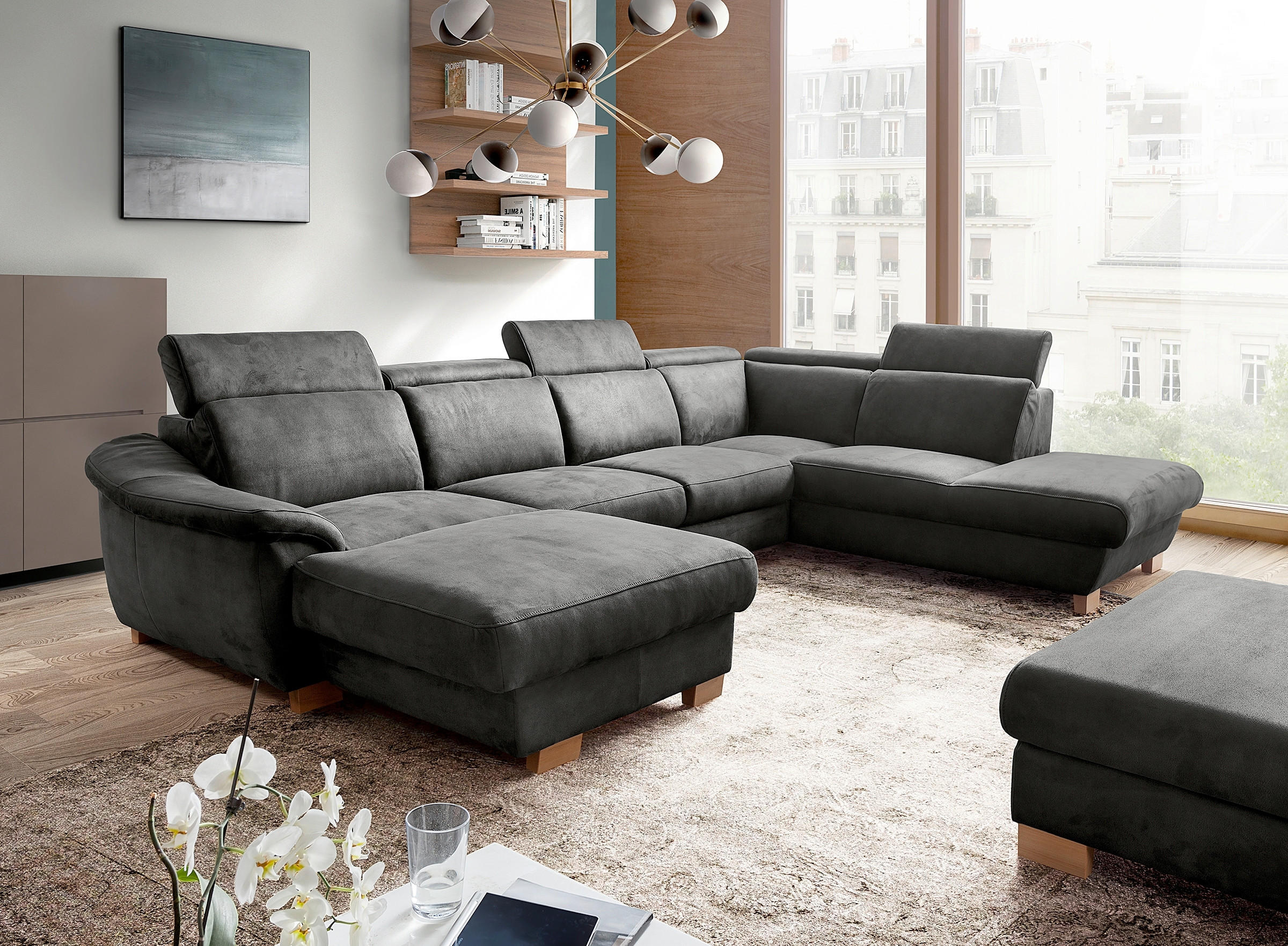 WOHNLANDSCHAFT Mikrofaser Anthrazit  - Anthrazit/Naturfarben, Design, Holz/Textil (238/347/273cm) - Livetastic