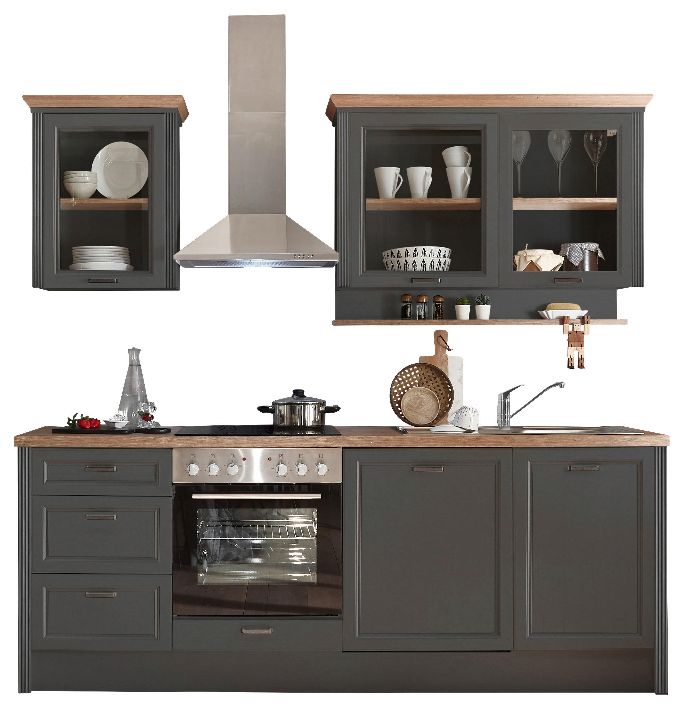 Küchenzeile Jasmin Mit Geräten 235 Cm Anthrazit/eiche Dekor