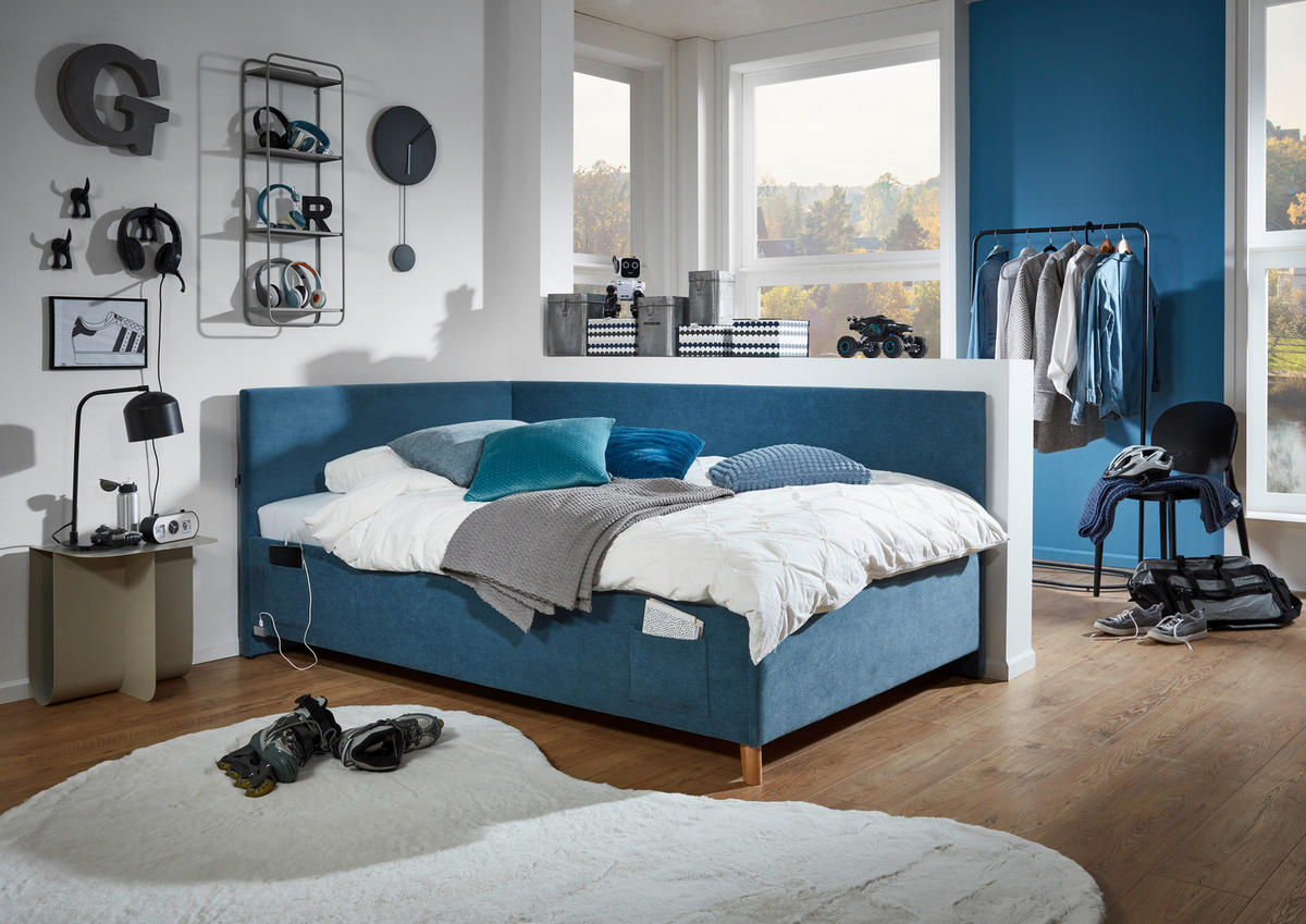 POLSTERLIEGE in Cord Blau  - Blau/Eichefarben, Konventionell, Holz/Textil (120/200cm) - Stylife