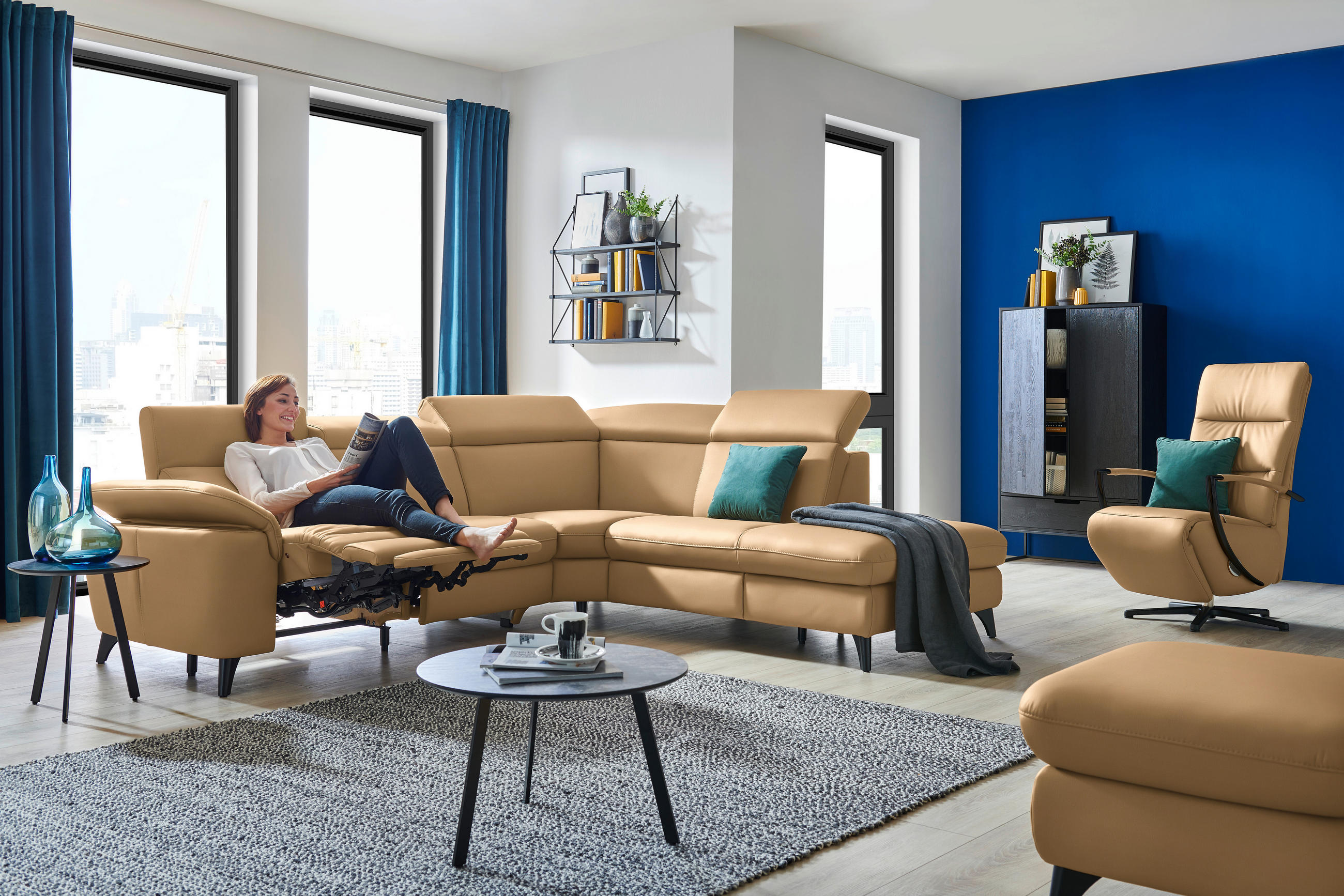 ECKSOFA in Echtleder Honig  - Schwarz/Honig, Design, Leder/Metall (285/239cm) - Cantus