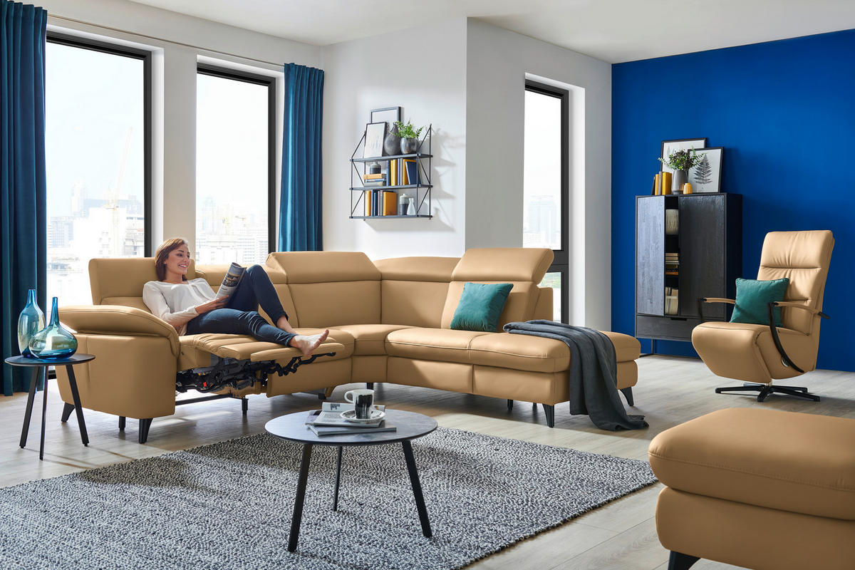 ECKSOFA in Echtleder Honig  - Schwarz/Honig, Design, Leder/Metall (285/239cm) - Cantus