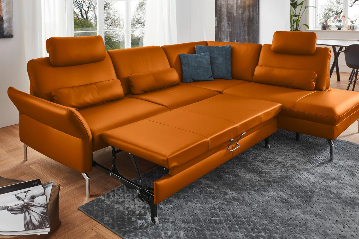 ECKSOFA in Echtleder Orange  284/220 cm  - Alufarben/Orange, KONVENTIONELL, Leder/Metall (284/220cm) - Beldomo Premium