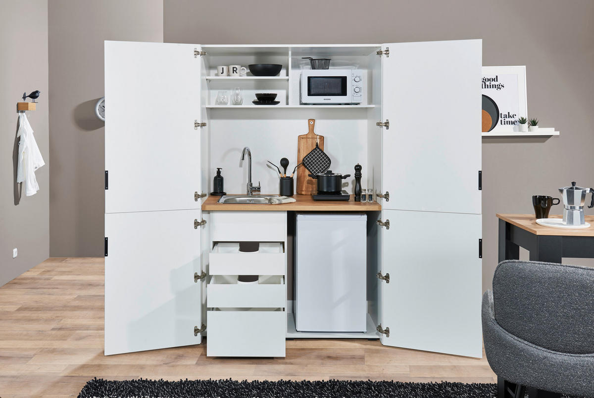 SCHRANKKÜCHE  124/200/70 cm  in Weiß  - Eichefarben/Schwarz, Basics, Holzwerkstoff/Metall (124/200/70cm) - MID.YOU