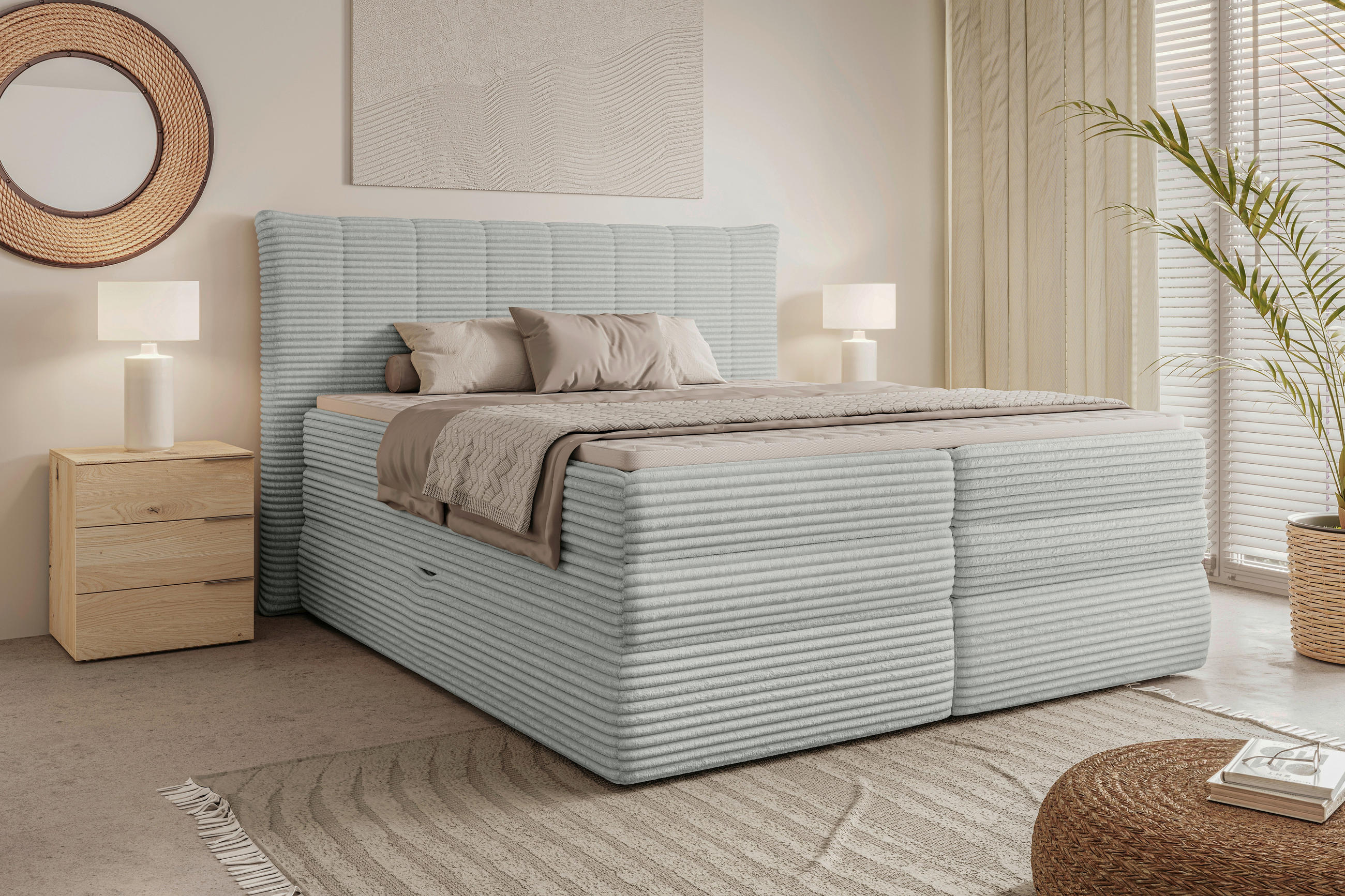 BOXSPRINGBETT 180/200 cm,  in Greige, gepolstertes Kopfteil, Bettkasten, Topper, Matratzen, H3 + H3 = fest  - Greige/Schwarz, Design, Kunststoff/Textil (180/200cm) - Chameo