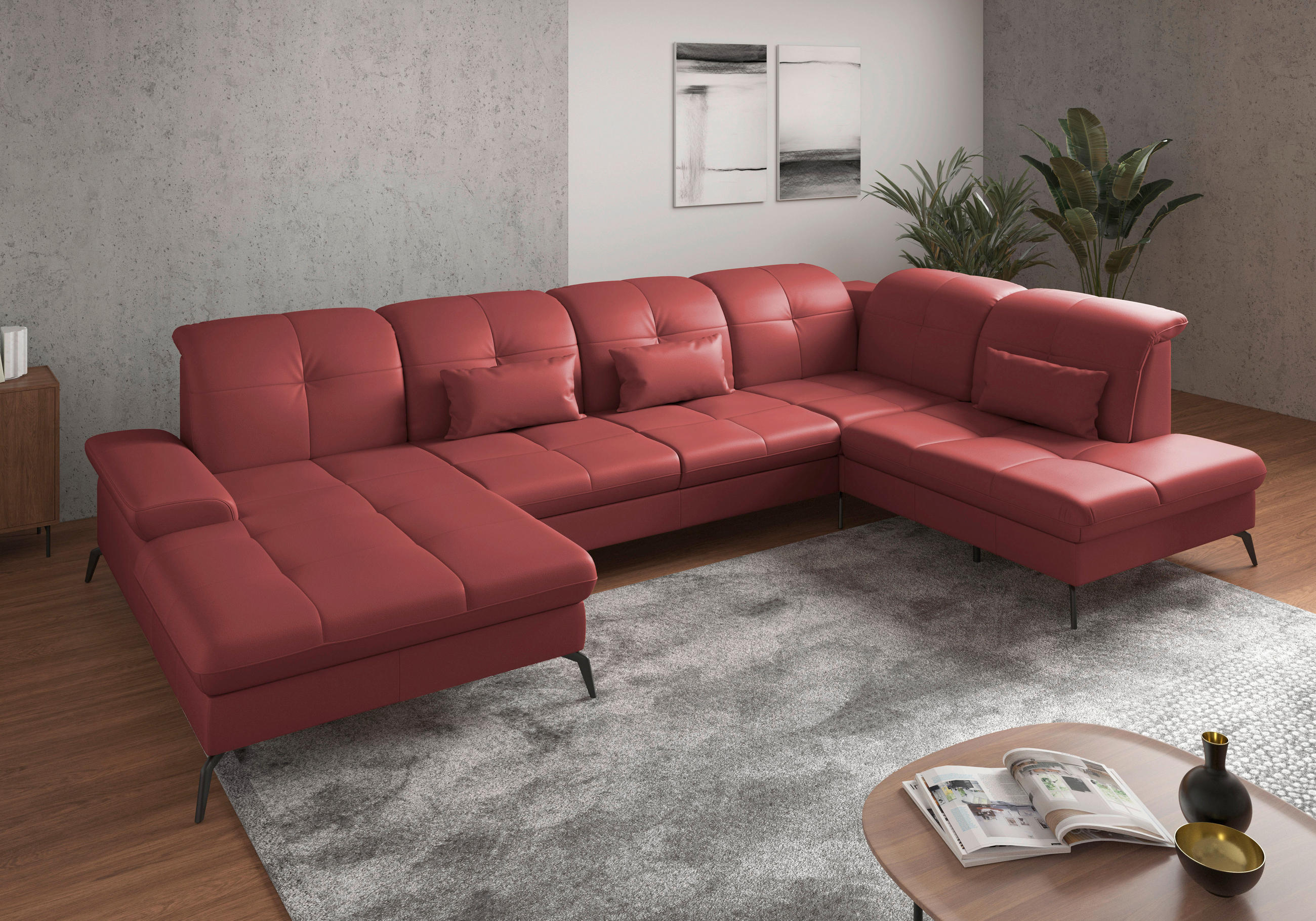 WOHNLANDSCHAFT Rot Kombination Echtleder/Stoff Vliesstoff  - Rot/Schwarz, KONVENTIONELL, Leder/Textil (185/357/231cm) - Sit & More