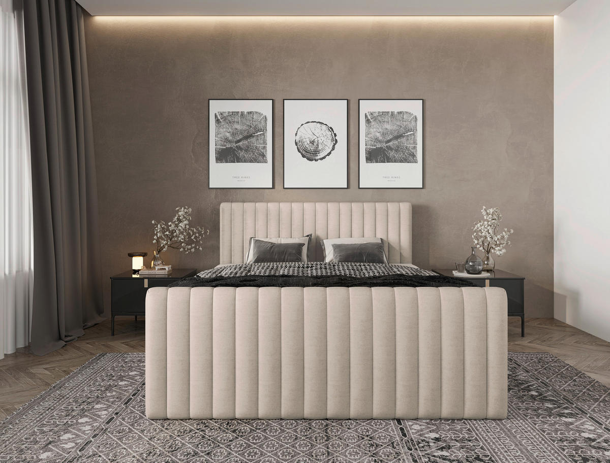 BOXBETT 160/200 cm,  in Creme, gepolstertes Kopfteil, Bettkasten, Topper, Matratzen, H3 + H3 = fest  - Creme/Schwarz, Basics, Kunststoff/Textil (160/200cm) - Chameo