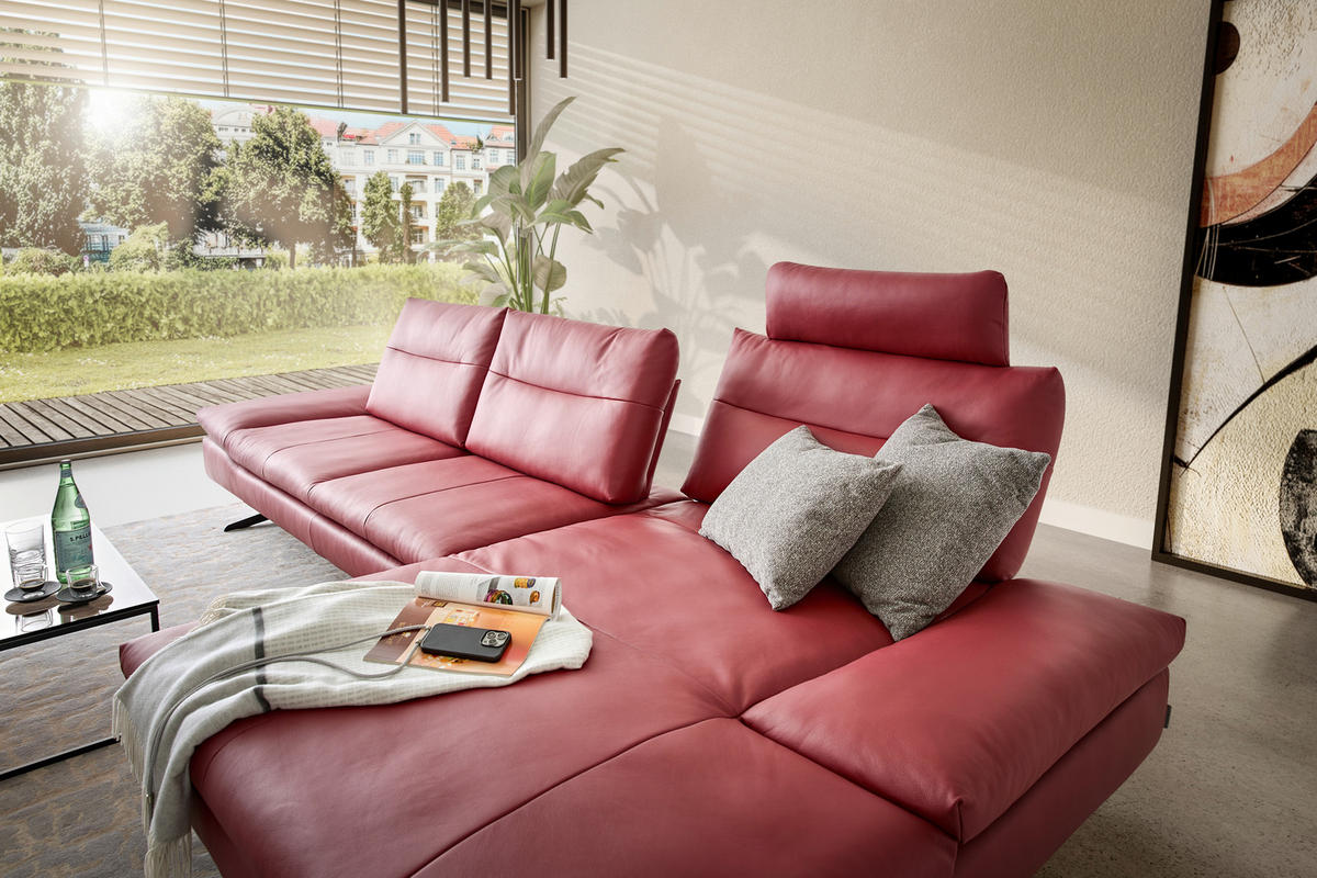 ECKSOFA in Echtleder Rot  - Rot/Schwarz, Modern, Leder/Metall (342/158cm) - Chilliano