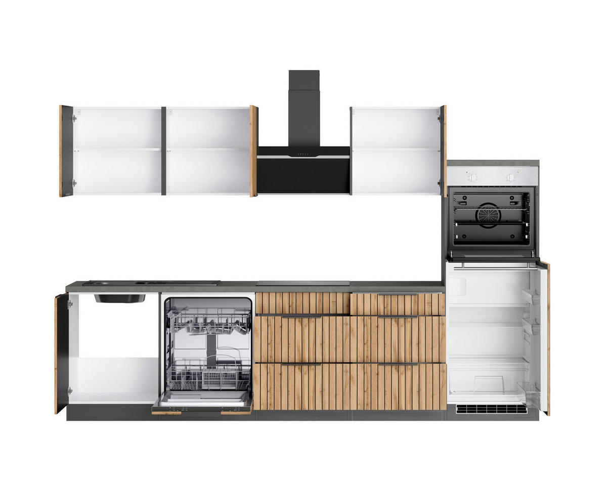 KÜCHENBLOCK 300 cm   in Graphitfarben, Eiche Wotan  - Schieferfarben/Eiche Wotan, Basics, Holzwerkstoff/Metall (300cm) - Held