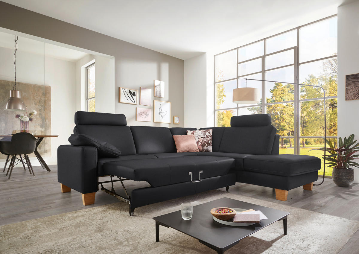 ECKSOFA in Echtleder Anthrazit  - Eiche Bianco/Anthrazit, Konventionell, Leder/Holz (257/235cm) - Valdera