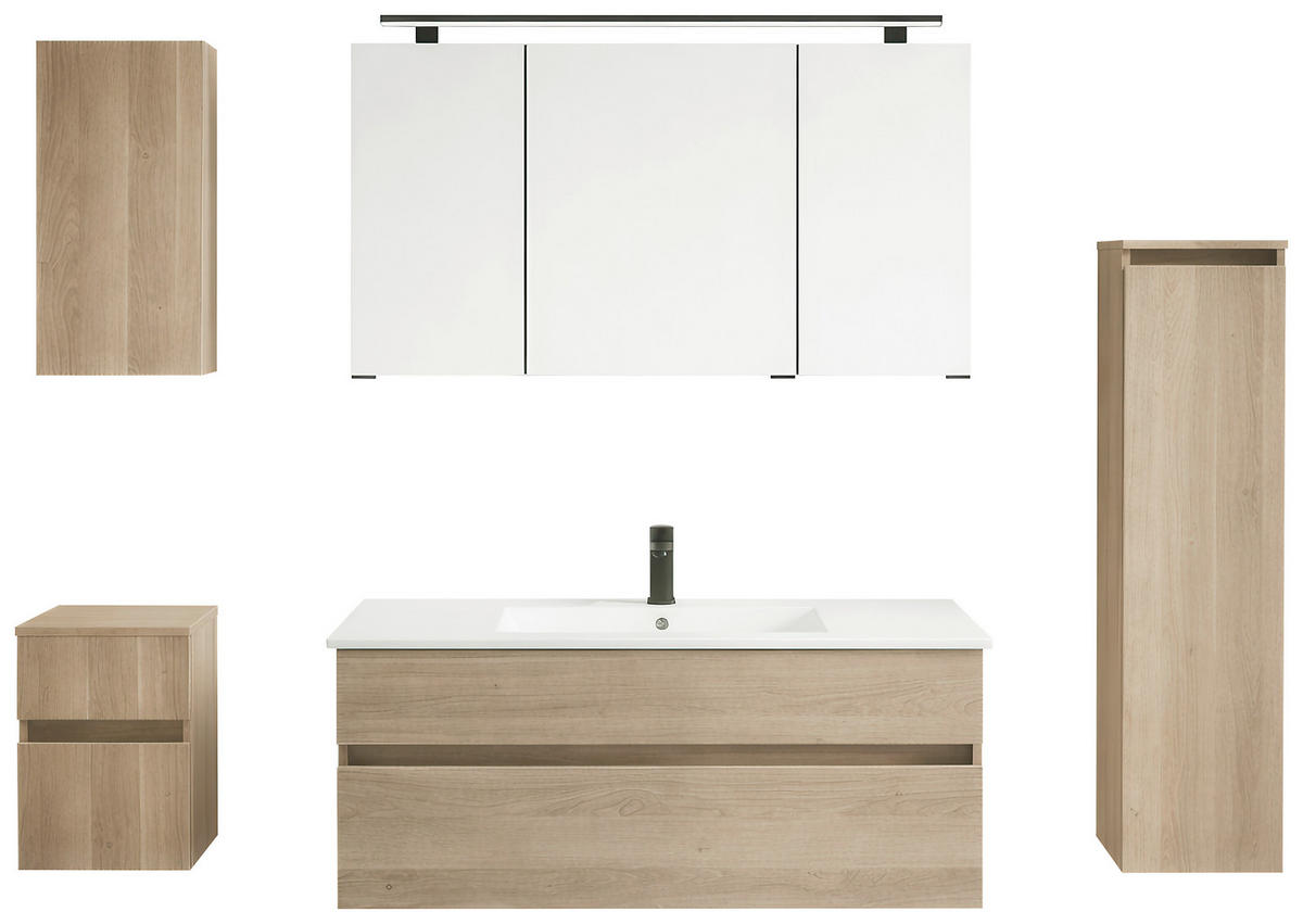 Baie 3 piese, 102 cm - alb/stejar închis la culoare, Design, ceramică/sticlă (102cm) - Novel