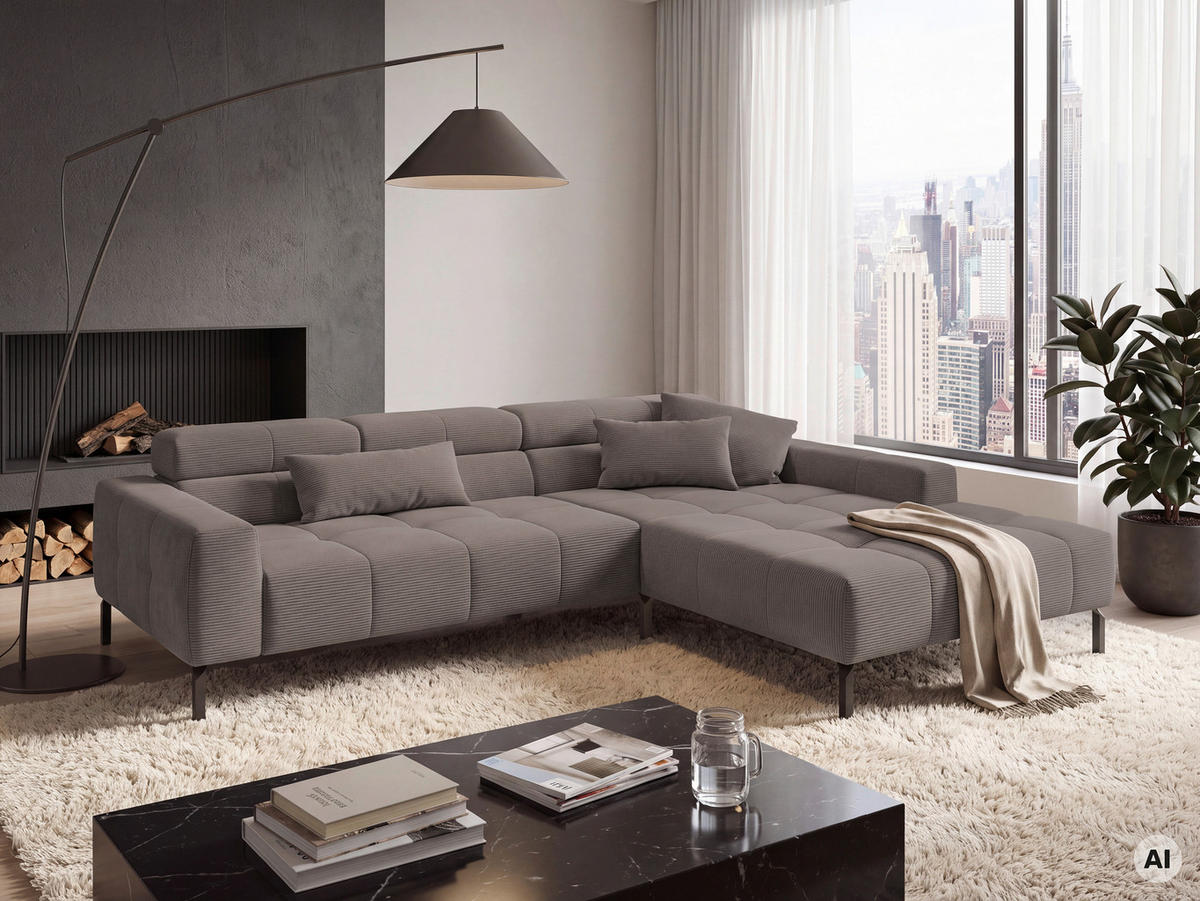 ECKSOFA Taupe Feincord Rücken echt, Kopfteilverstellung, Sitztiefenverstellung  - Taupe/Schwarz, KONVENTIONELL, Textil/Metall (293/226cm) - Hom`in