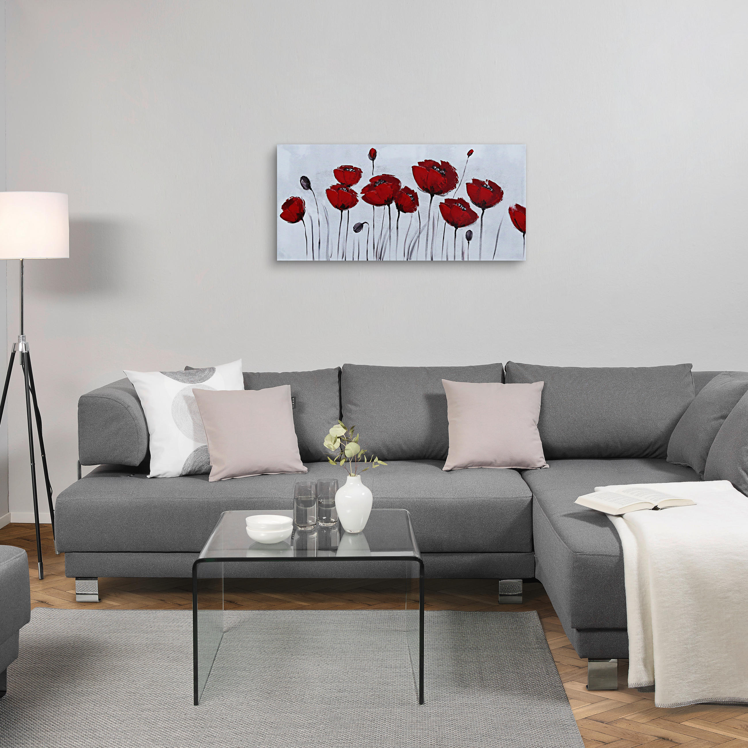 Thumbnail - Monee Ölgemälde, Rot, Weiß, Holz, Textil, Tanne, massiv, rechteckig, 120x55 cm, handgemalt, Bilder und Zubehör, Wandbild...