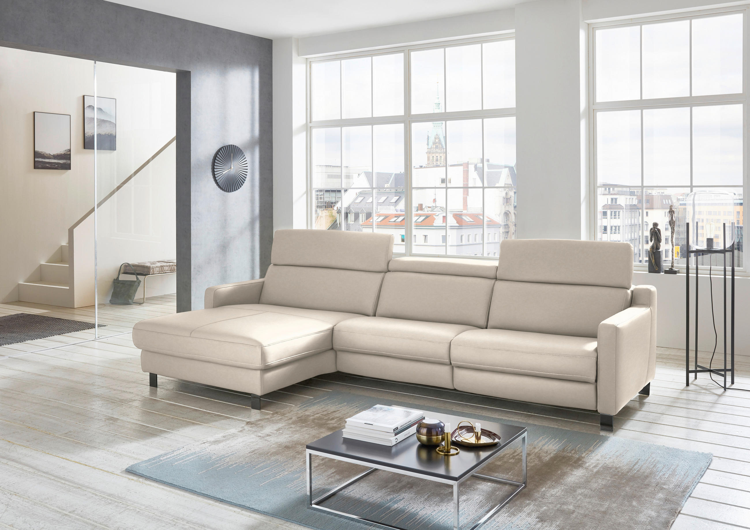 ECKSOFA in Echtleder Greige  - Greige/Schwarz, Design, Leder/Metall (176/291cm) - Valdera