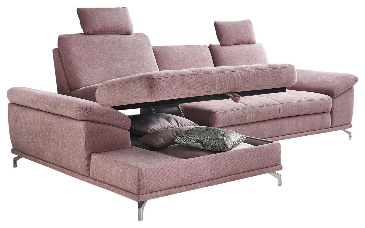 ECKSOFA Flieder Flachgewebe Bettkasten, Schlaffunktion, Sitztiefenverstellung, Kopfstütze, Liegefläche im Originalstoff  - Silberfarben/Flieder, KONVENTIONELL, Textil/Metall (176/301cm) - Sit & More